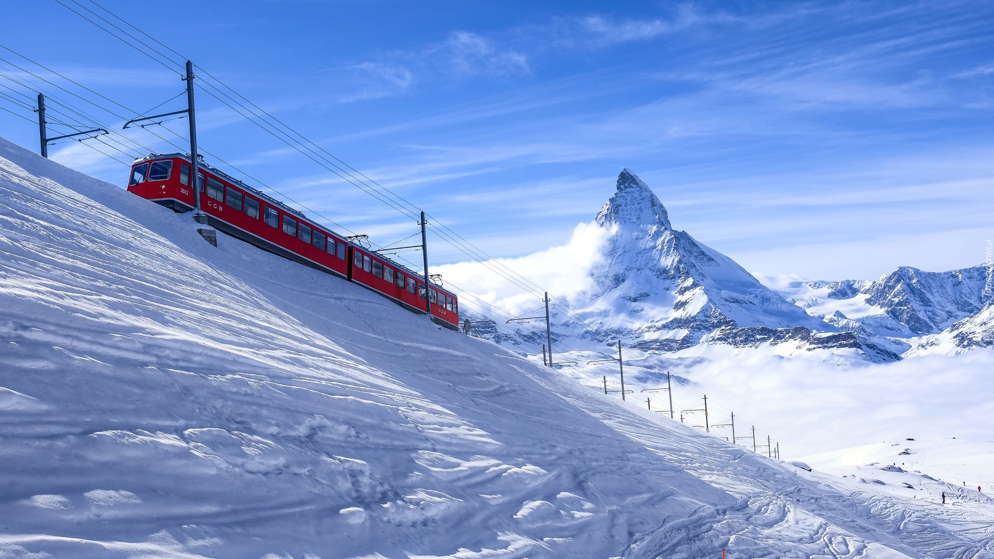 Szwajcaria, Góry Alpy Pennińskie, Szczyt Matterhorn, Pociąg elektryczny, Zima