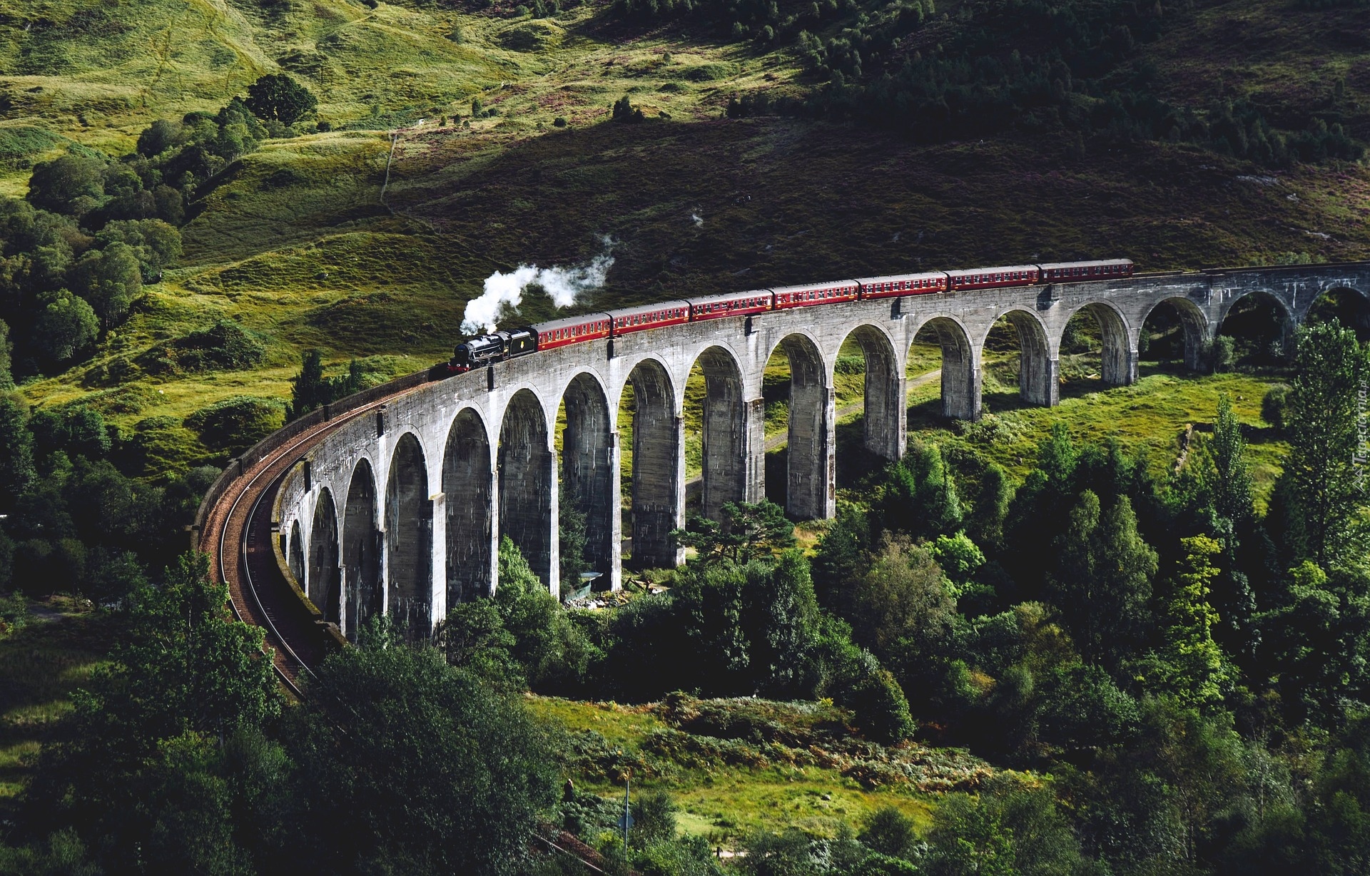 Szkocja, Glenfinnan, Dolina, Wiadukt Glenfinnan, Pociąg, Roślinność