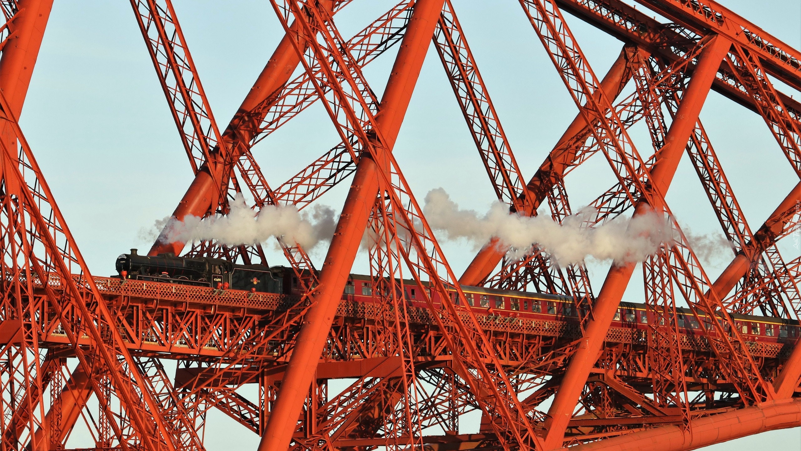 Most Forth Bridge, Pociąg parowy, Lokomotywa, Dym, Edynburg, Szkocja