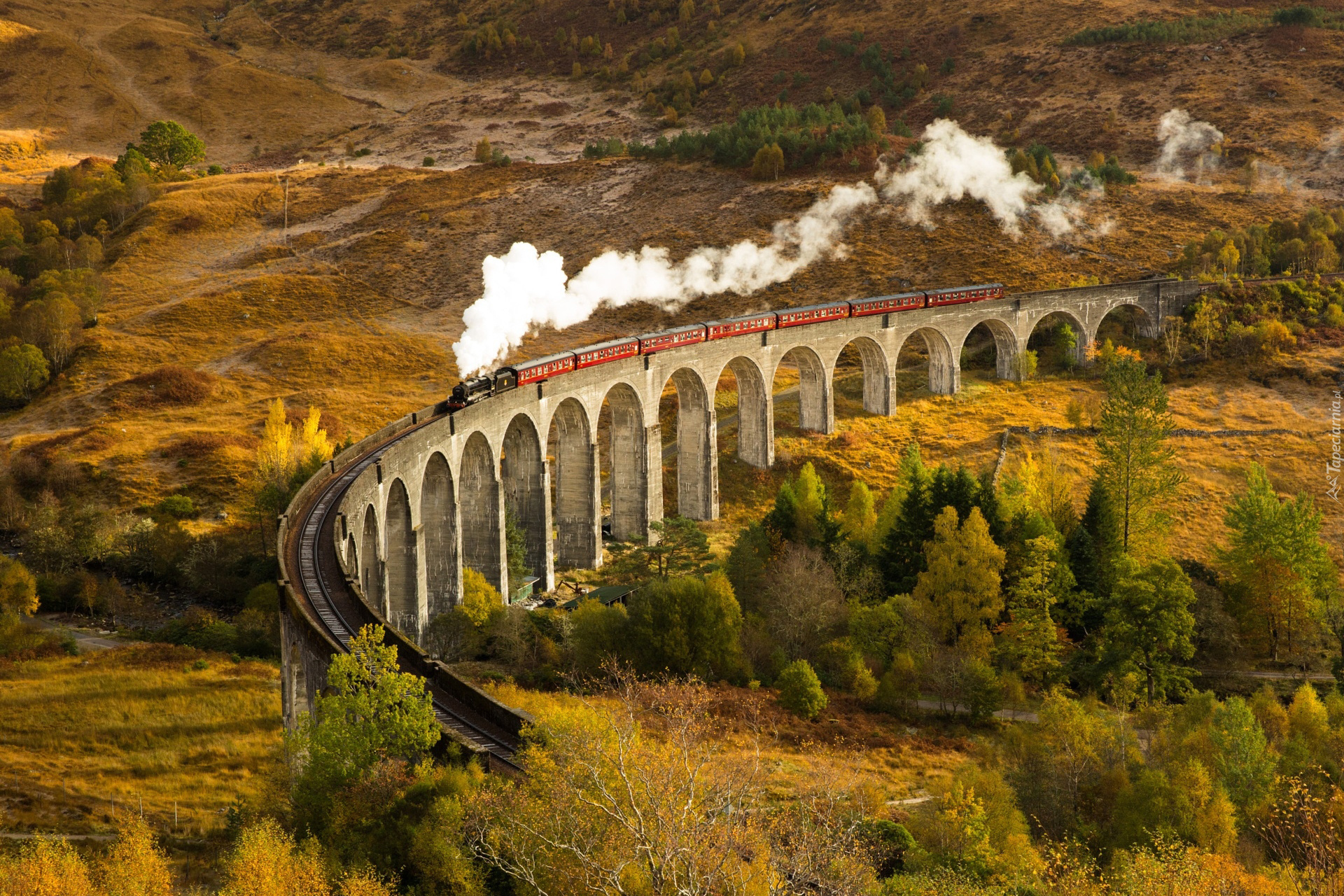 Wielka Brytania, Szkocja, Pociąg parowy, Tory, Wiadukt Glenfinnan