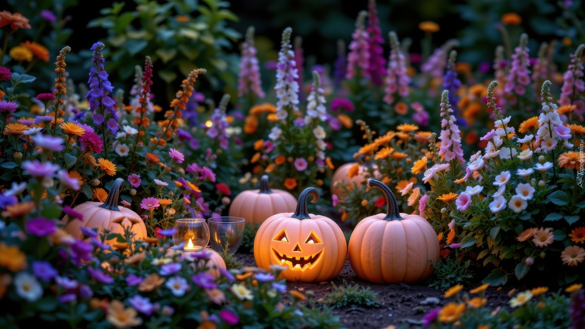Ogród, Kolorowe, Kwiaty, Żółte, Podświetlane, Dynie, Halloween