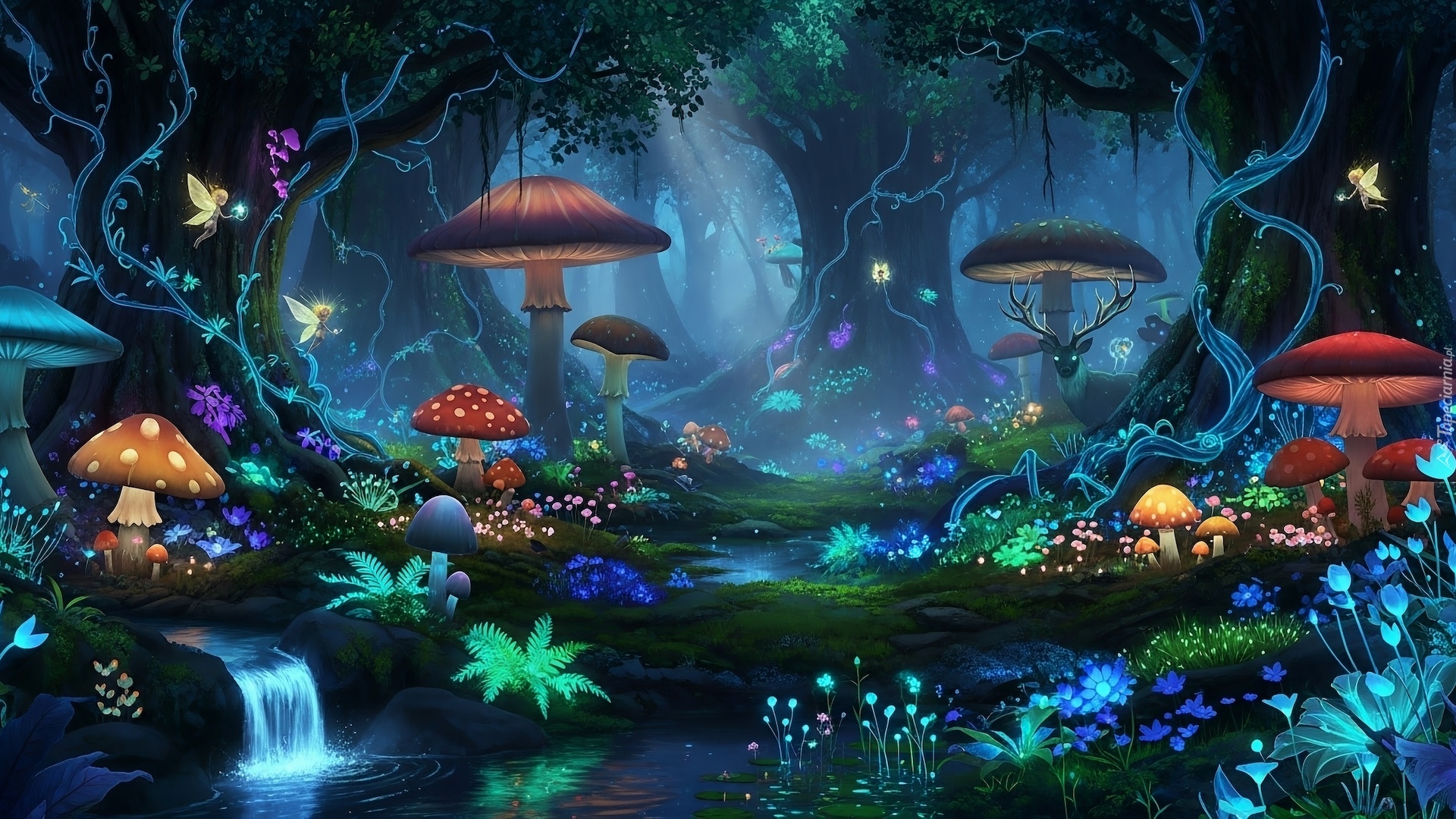 Las, Drzewa, Grzyby, Kwiaty, Fantasy