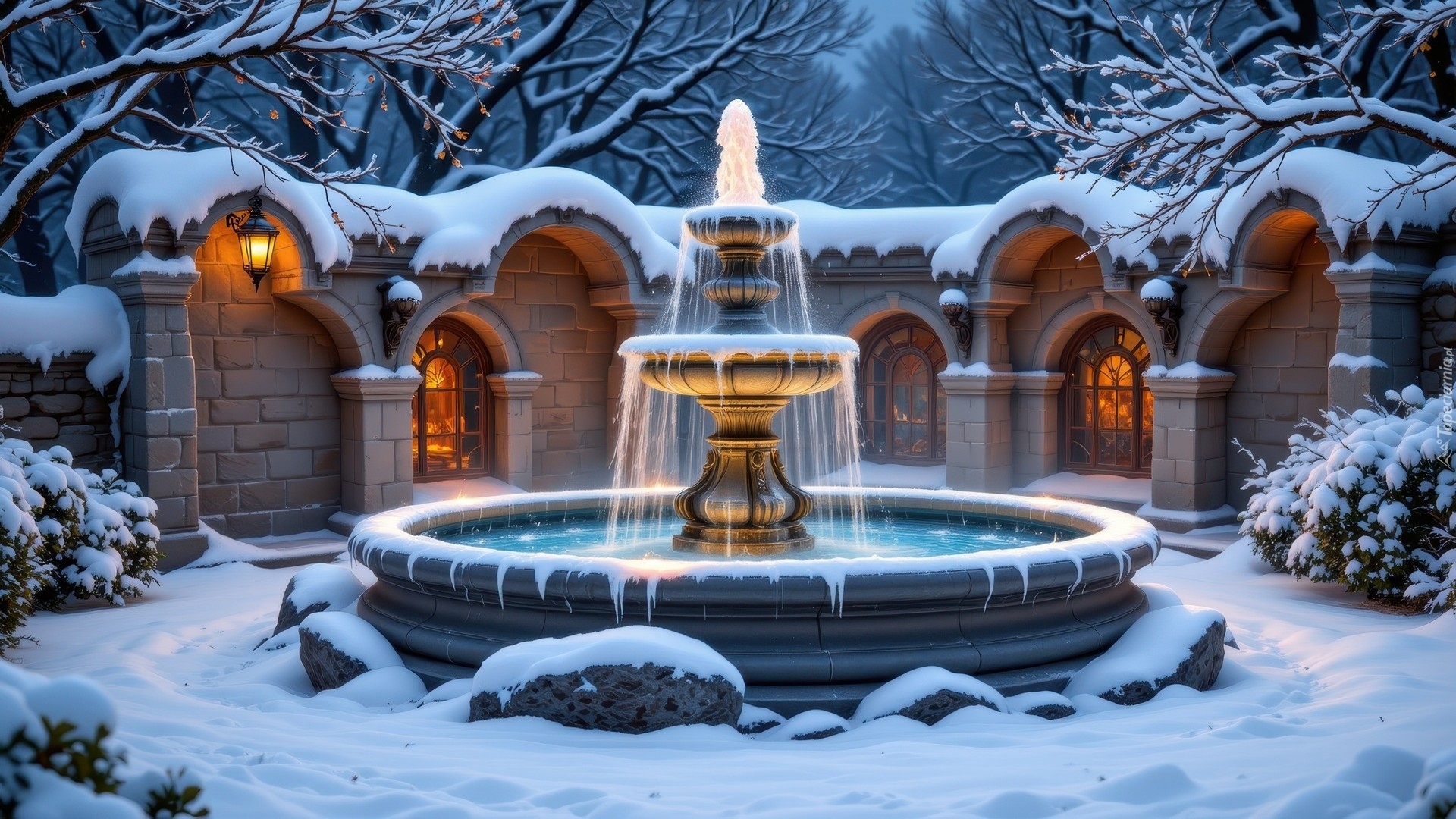 Zima, Ośnieżona, Budowla, Oświetlenie, Lampion, Fontanna, Krzewy