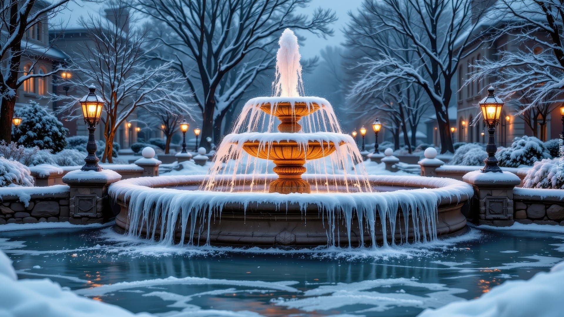 Zima, Fontanna, Latarnie, Ośnieżone, Drzewa, Kamienice