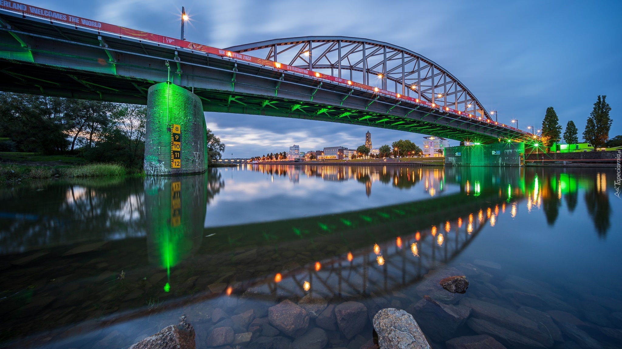 Rzeka, Dolny Ren, Podświetlony, Most, John Frost Bridge, Drzewa, Arnhem, Holandia