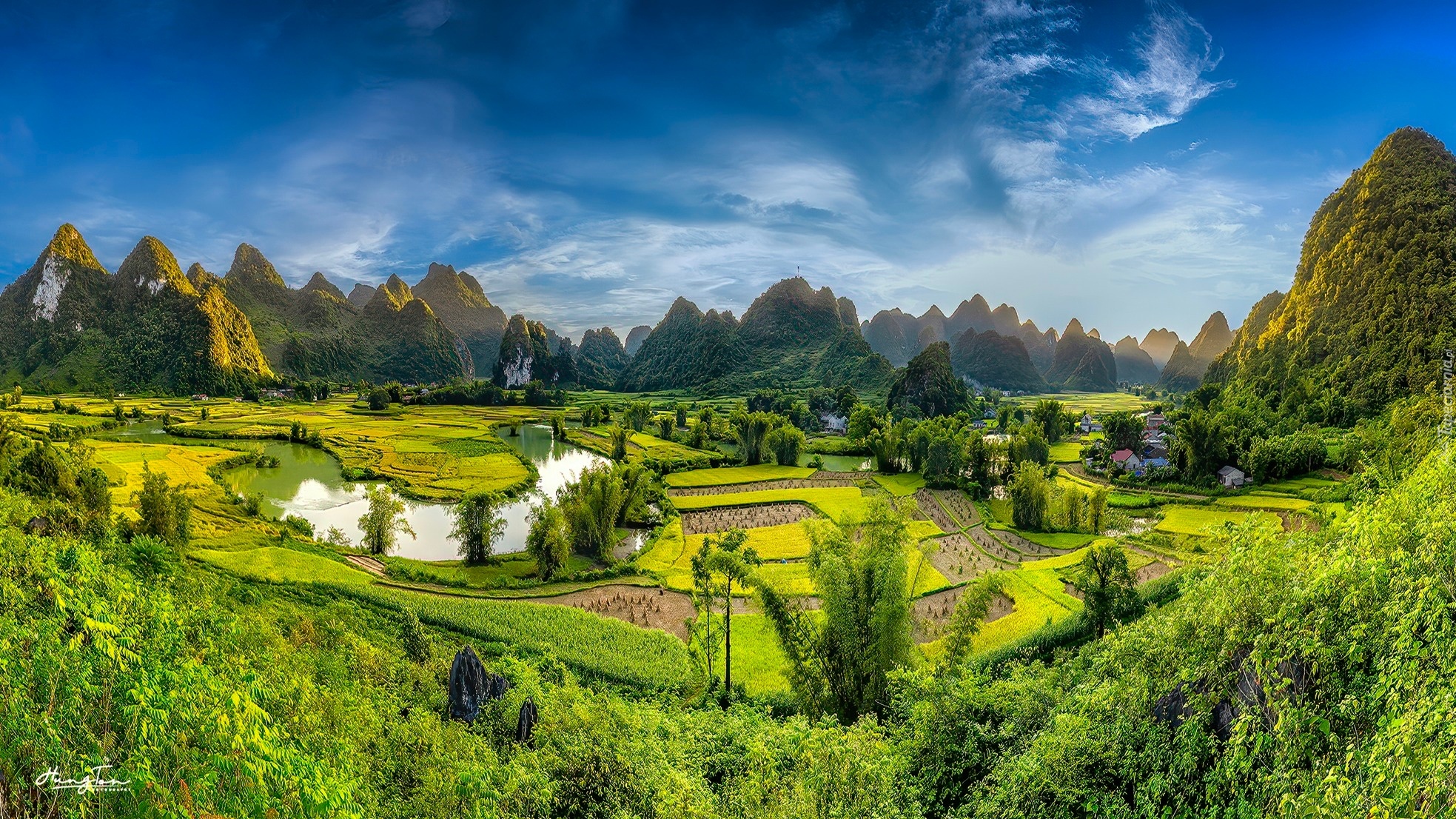 Wietnam, Prowincja Cao Bang, Phong Nam, Góry, Pola, Ryżowe, Drzewa