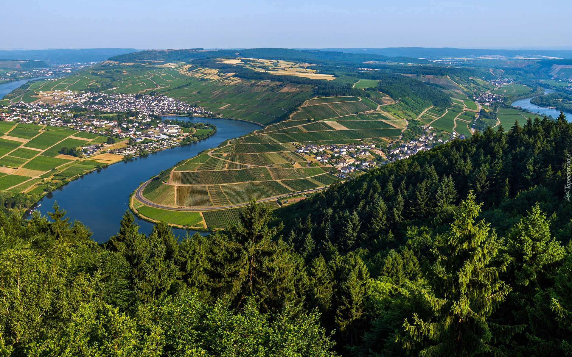 Rzeka Mozela, Meander, Dolina Mozeli, Góry, Miejscowość, Polich, Trier-Saarburg, Domy, Pola, Drzewa, Lasy, Nadrenia-Palatynat, Niemcy