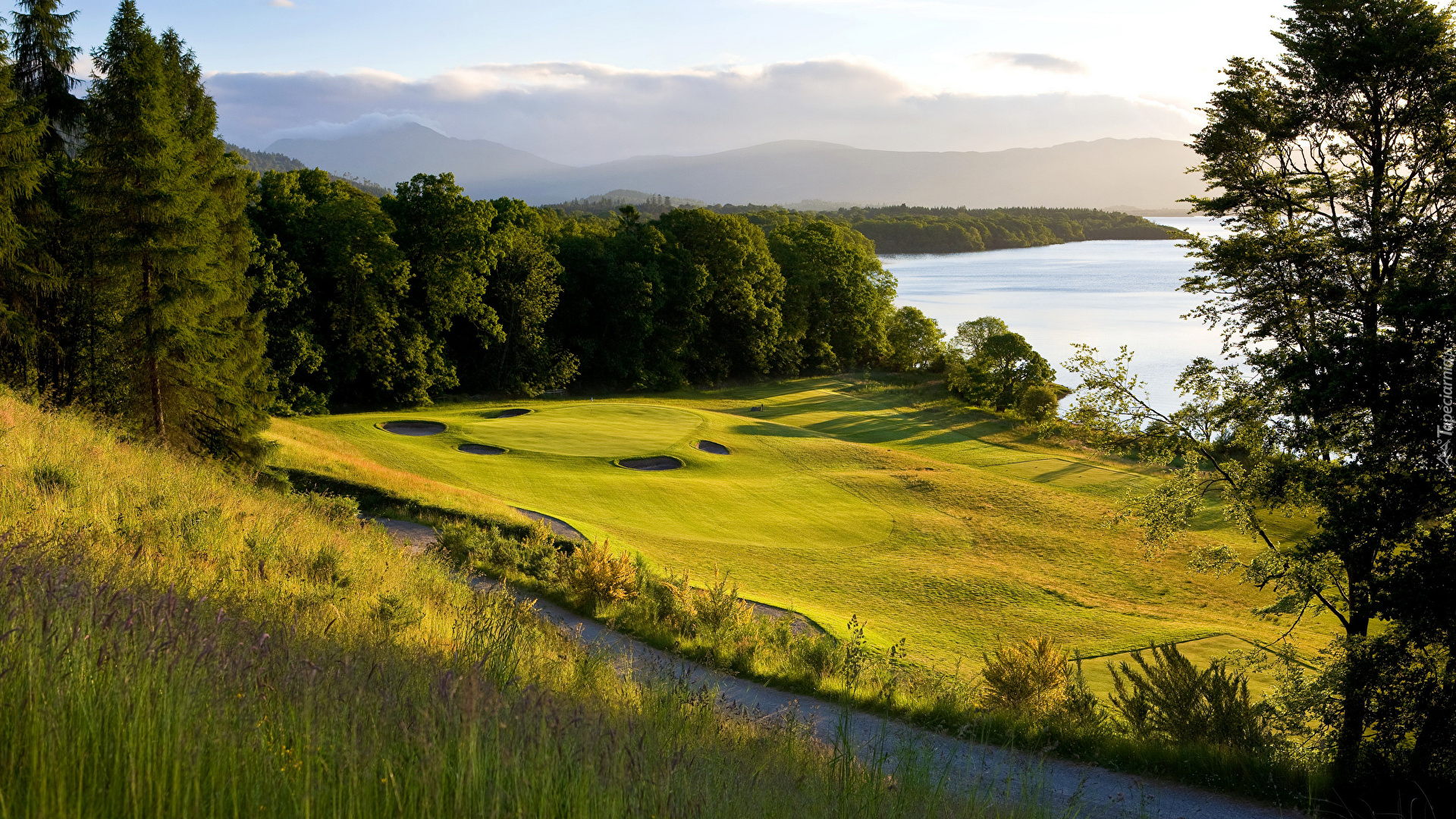 Pole golfowe, Cameron House Golf Course, Drzewa, Lasy, Jezioro Loch Lomond, Trawa, Wschód słońca, Szkocja