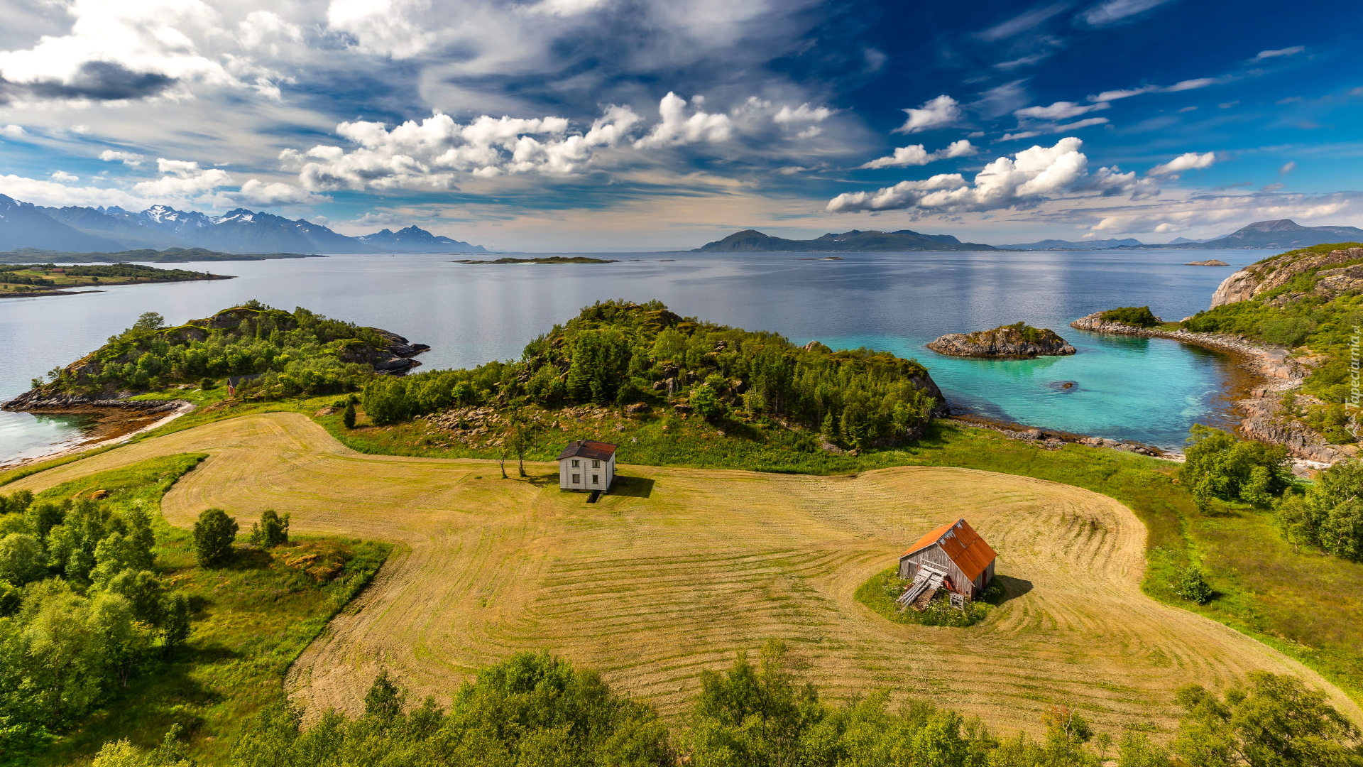 Morze Norweskie, Chmury, Pole, Dom, Drzewa, Wioska Hennes, Vesteraalen, Okręg Nordland, Norwegia