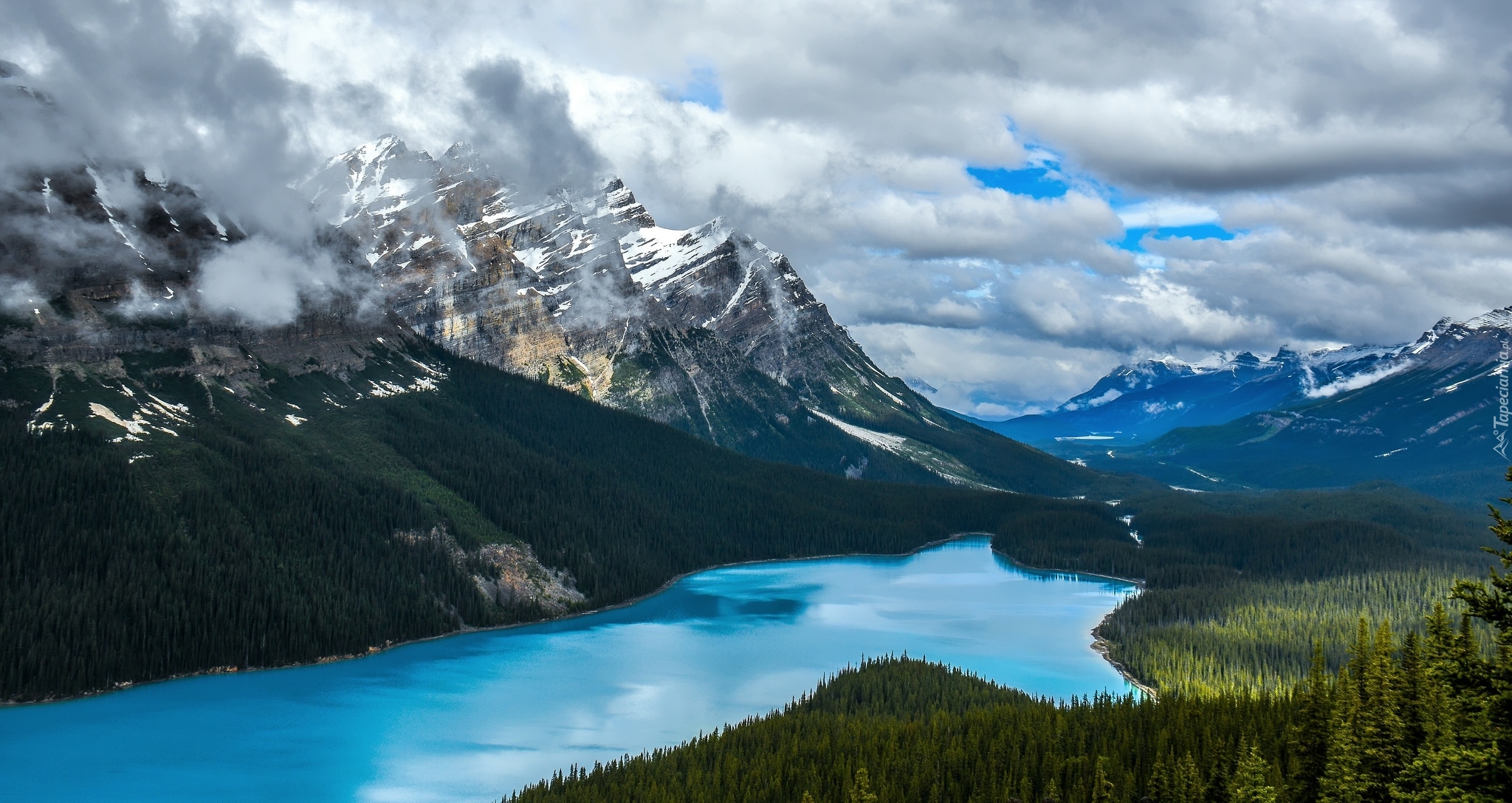 Kanada, Park Narodowy Banff, Góry Canadian Rockies, Jezioro Peyto Lake, Las, Drzewa, Chmury