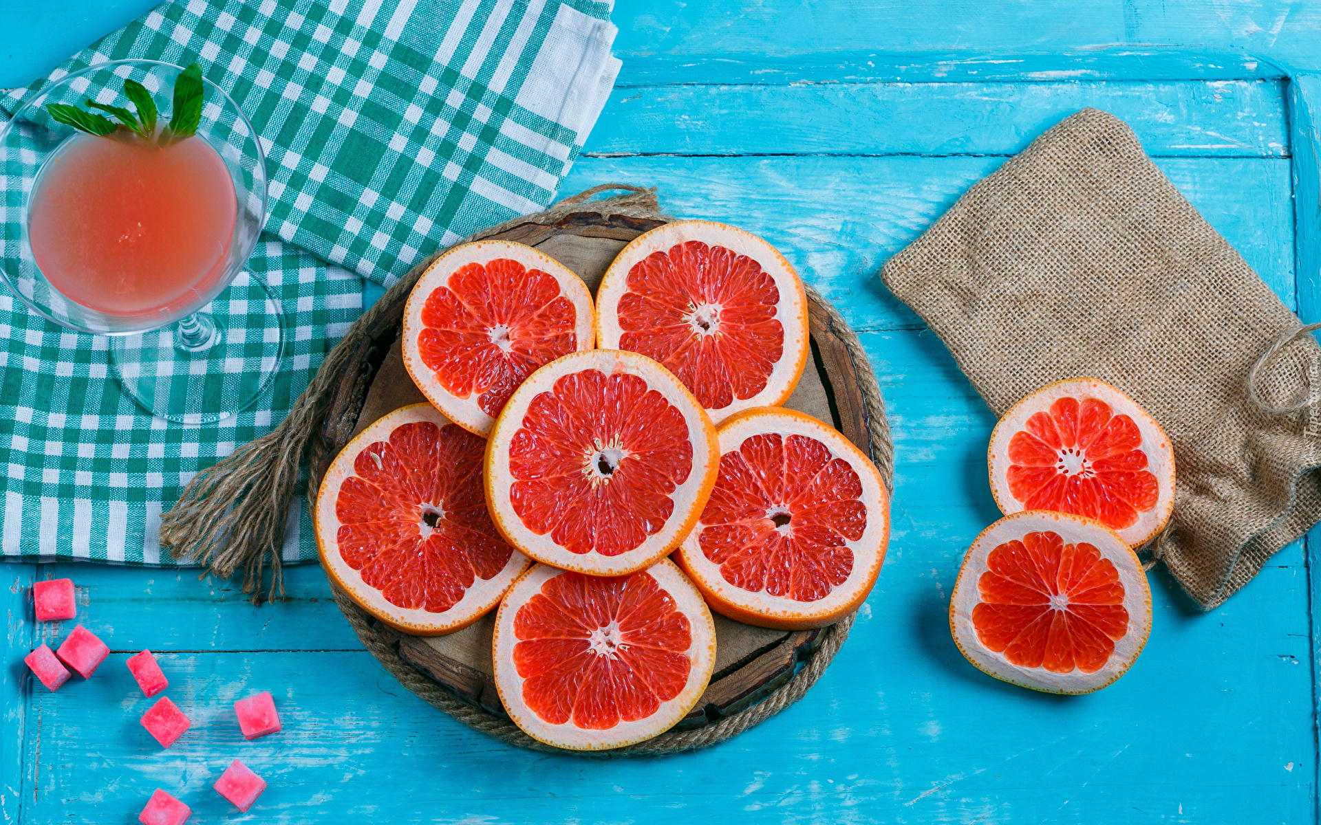 Grejpfruty, Połówki, Ścierki, Kieliszek, Niebieskie, Deski