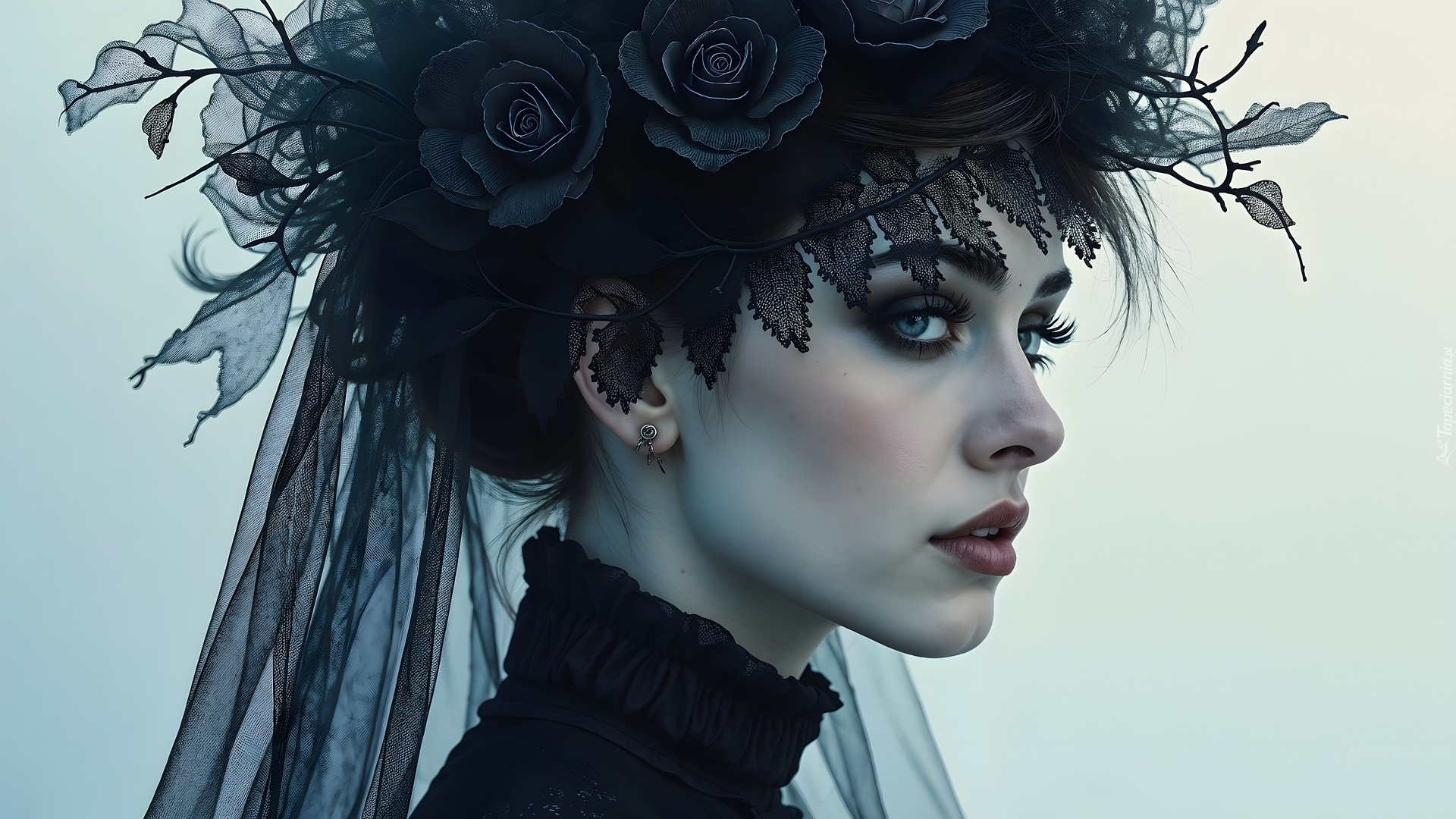 Kobieta, Półprofil, Czarny, Welon, AI