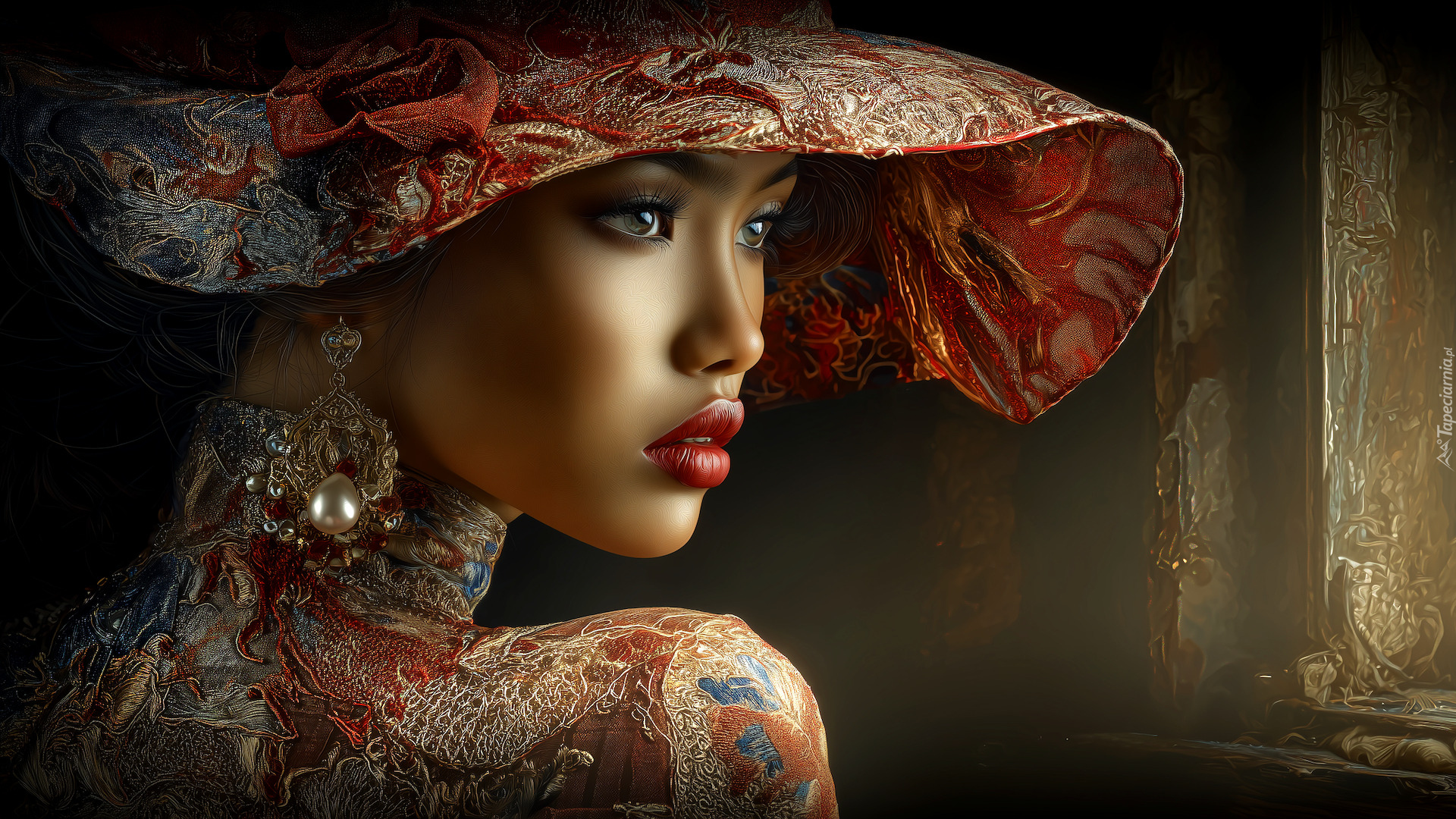 Kobieta, Półprofil, Twarz, Kapelusz, Kolczyk, Grafika