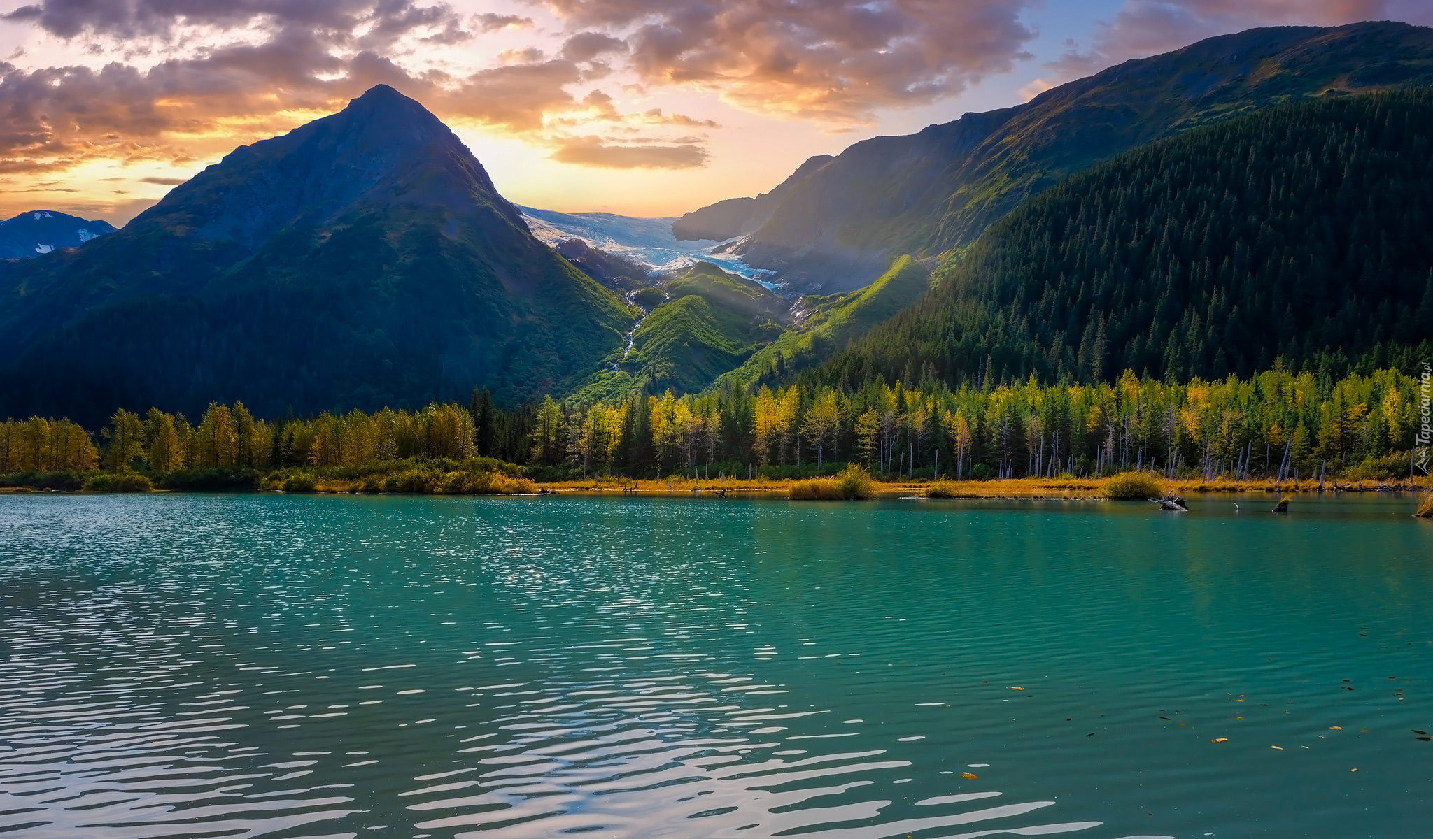 Jezioro, Góry, Drzewa, Alaska