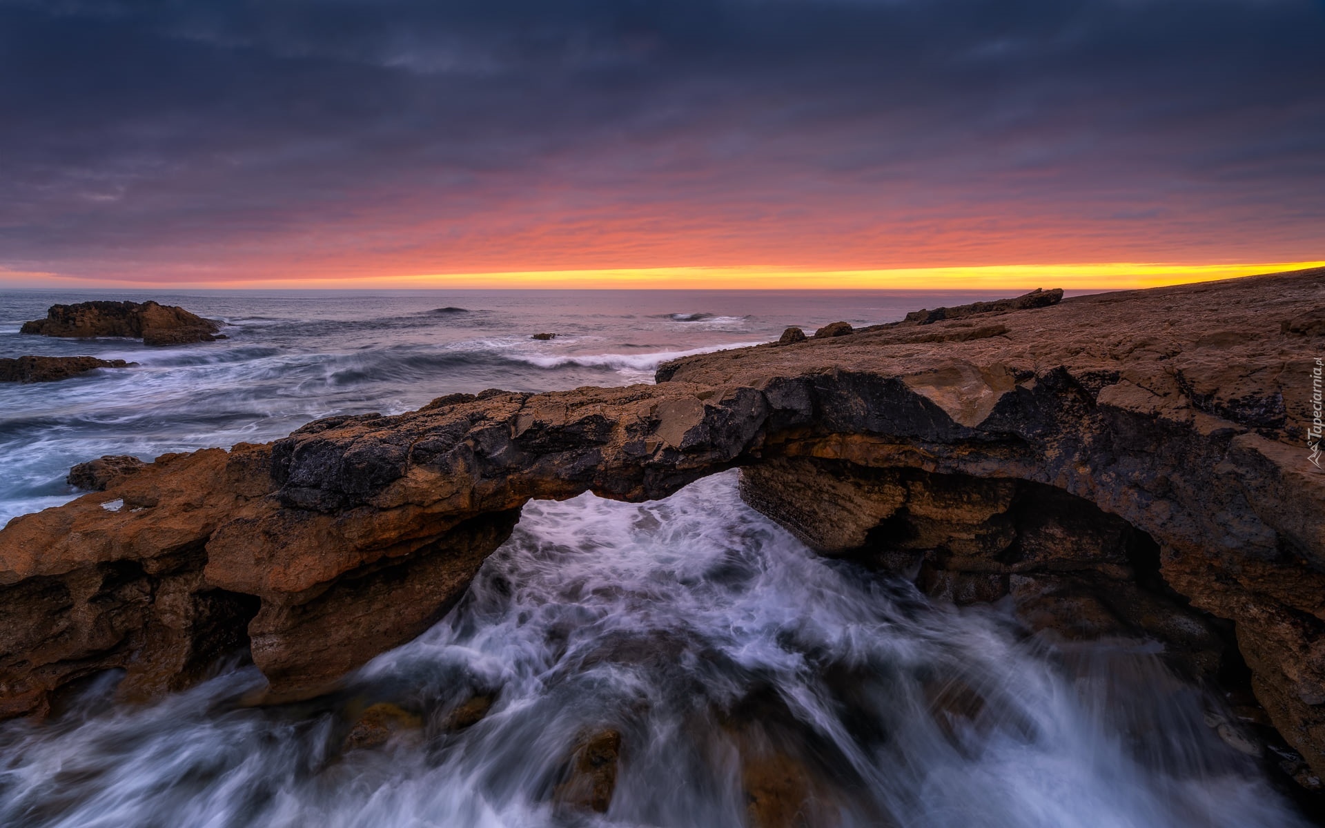 Morze, Skały, Zachód słońca, Cabo Raso, Portugalia