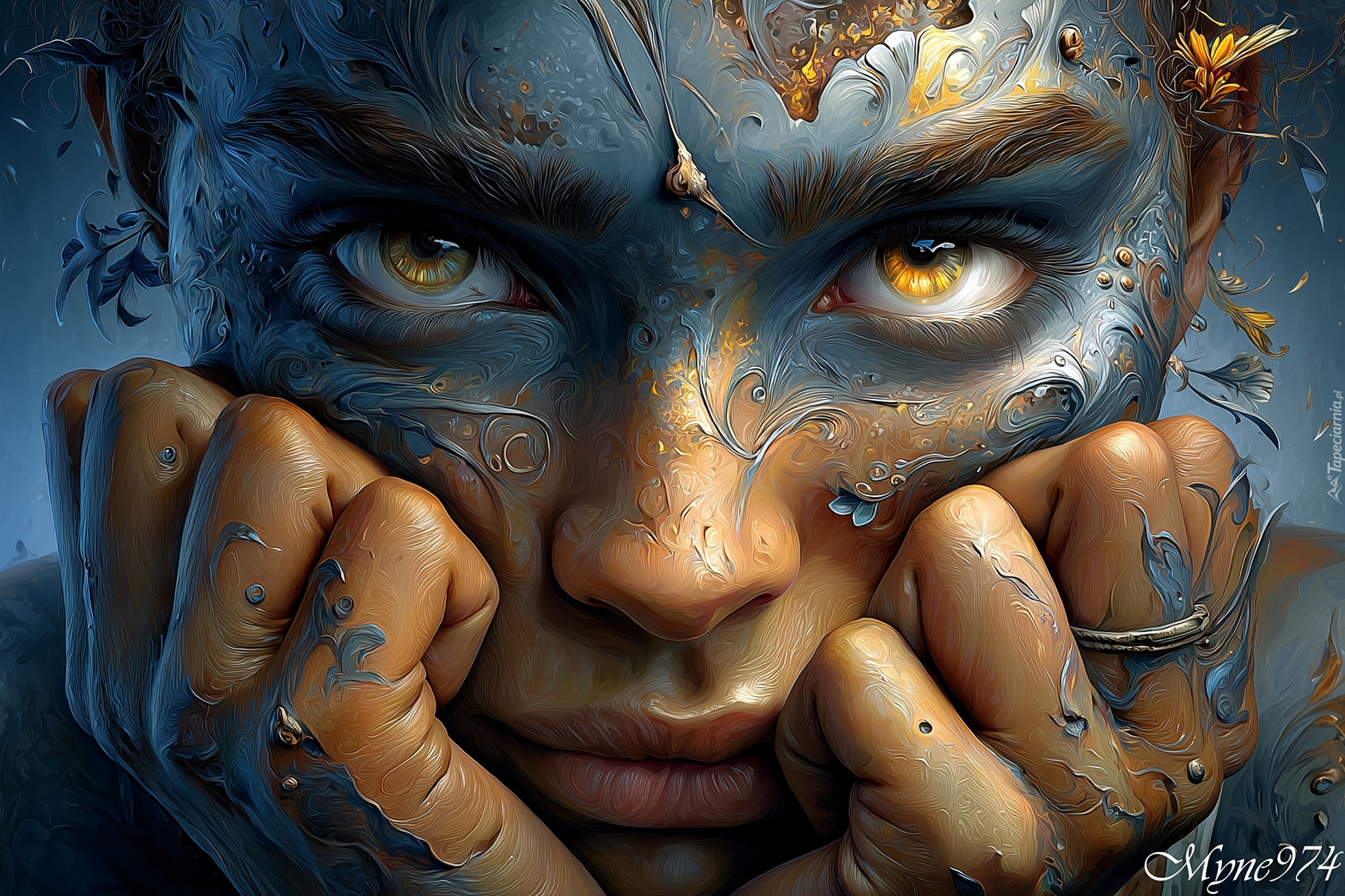 Dziewczyna, Spojrzenie, Dłonie, Niebieski, Rysunek, Grafika AI