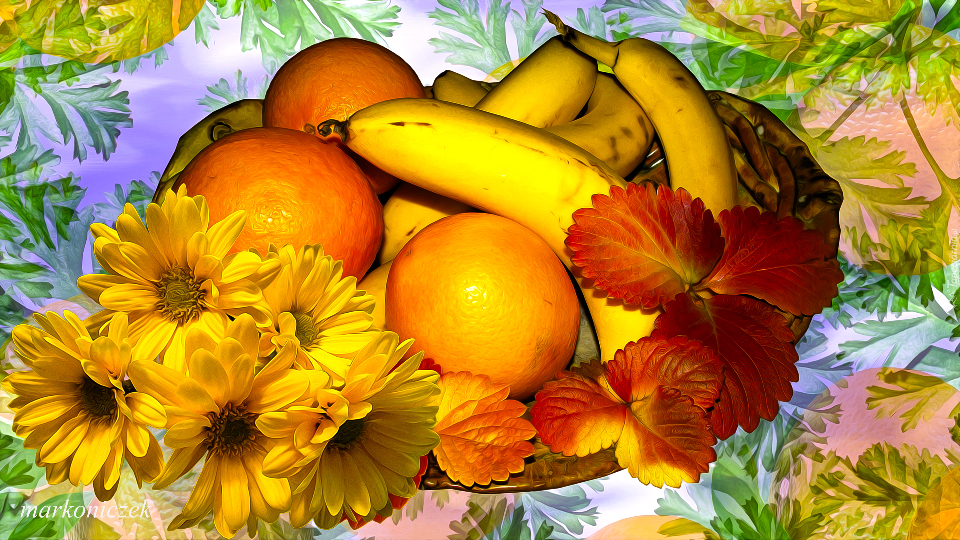 Owoce, Banany, Pomarańcze, Żółte, Kwiaty, Liście, Grafika
