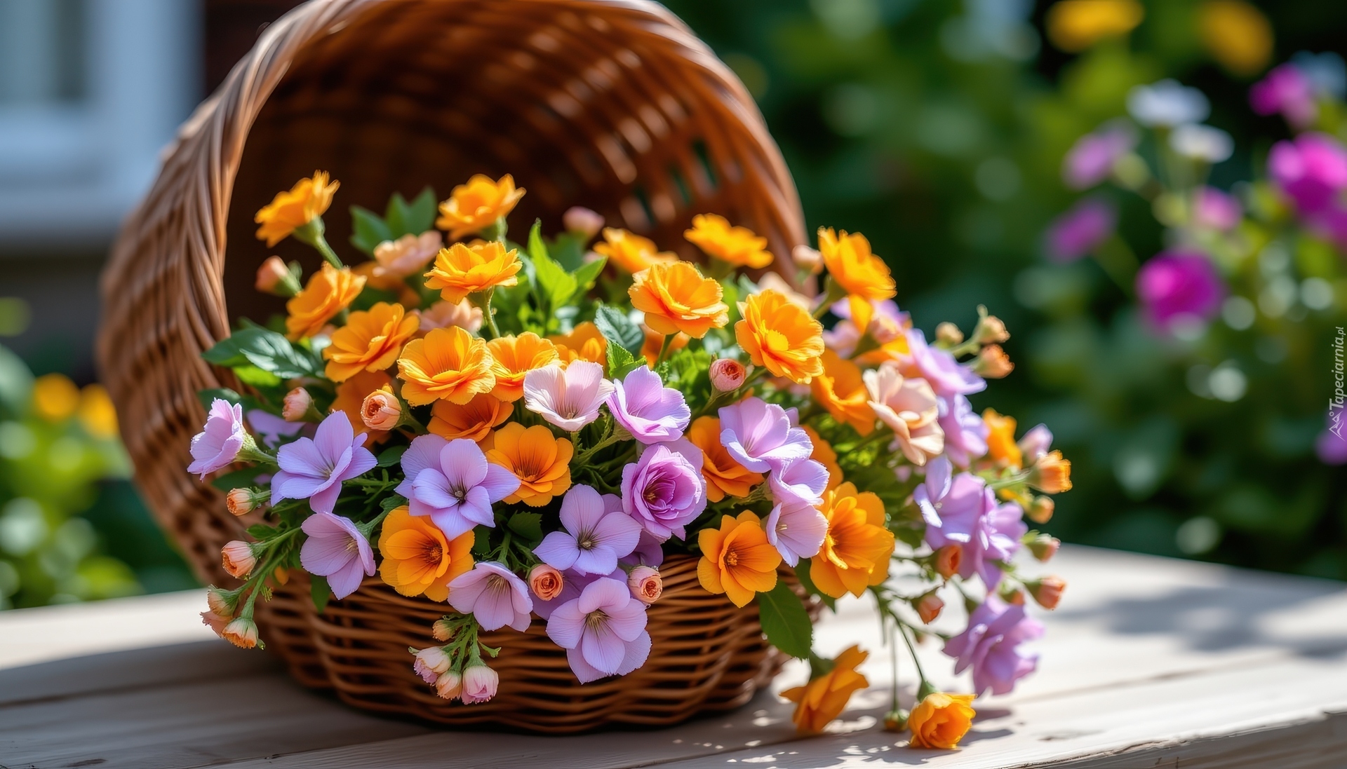 Fioletowe, Pomarańczowe, Kwiaty, Koszyk