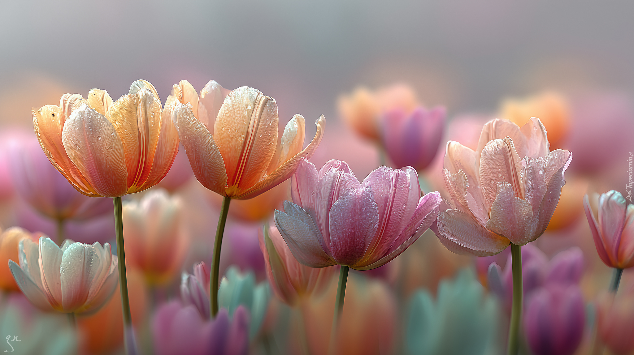 Mokre, Tulipany, Kwiaty, Grafika AI