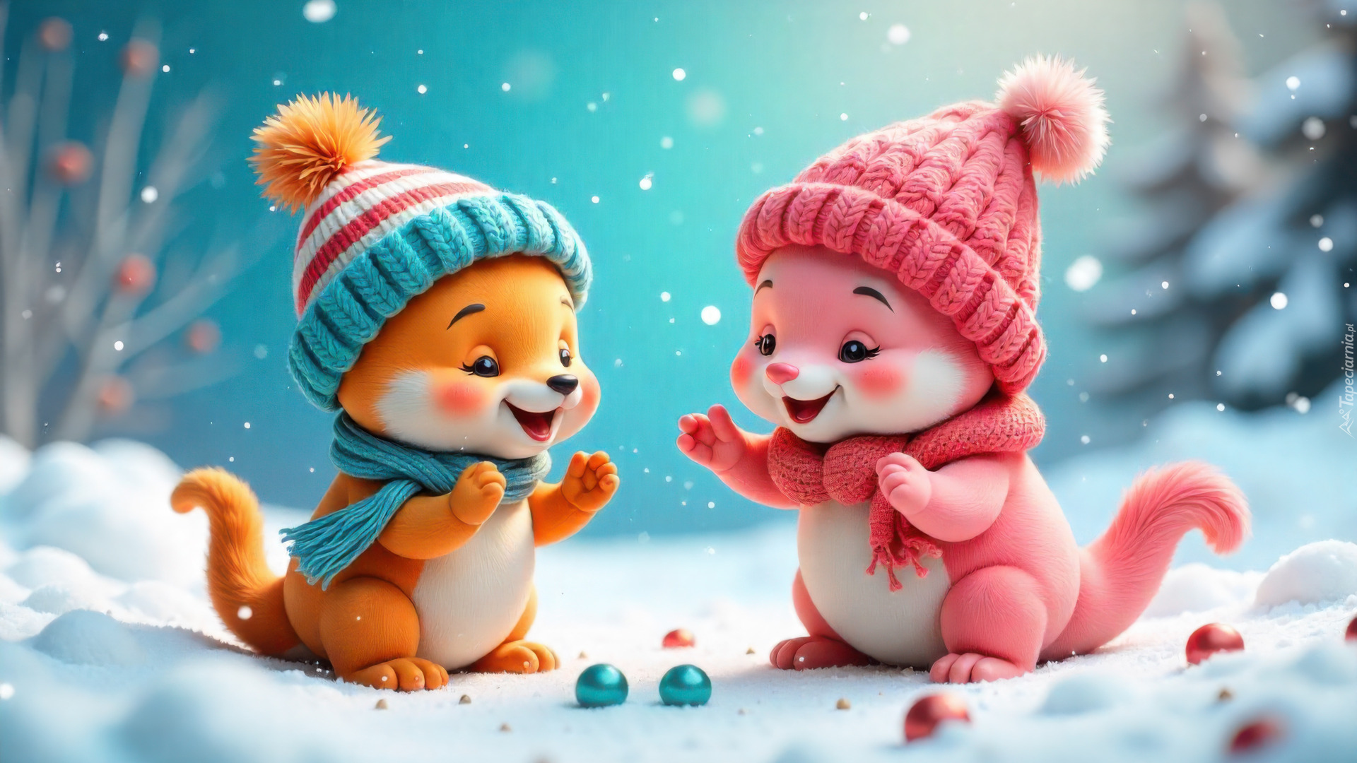 Pomarańczowy, Różowy, Dwa, Zwierzątka, Czapki, Szaliki, Śnieg
