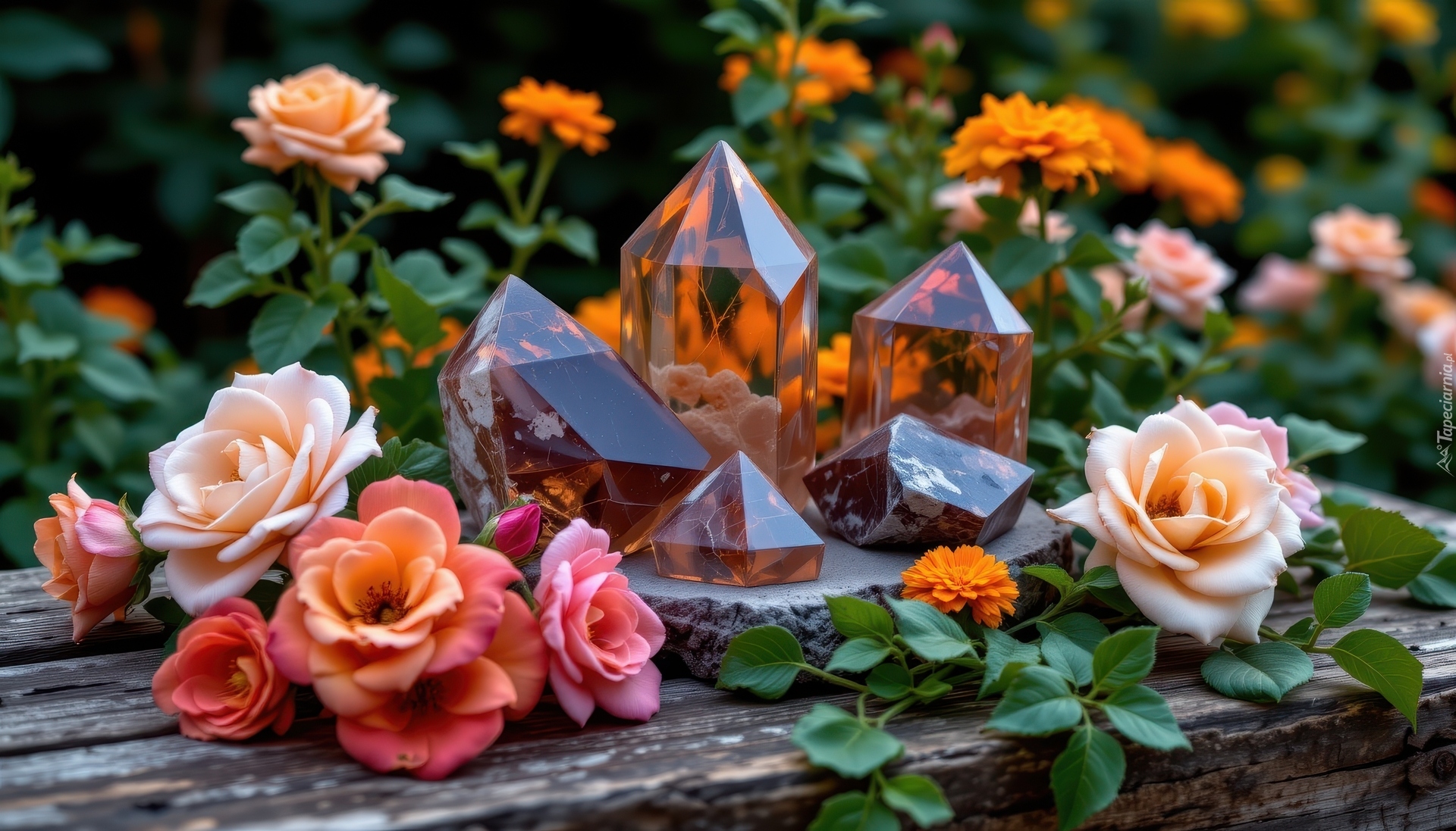 Kryształy, Kwiaty, Róże, Aksamitki, Bluszcz, Deski