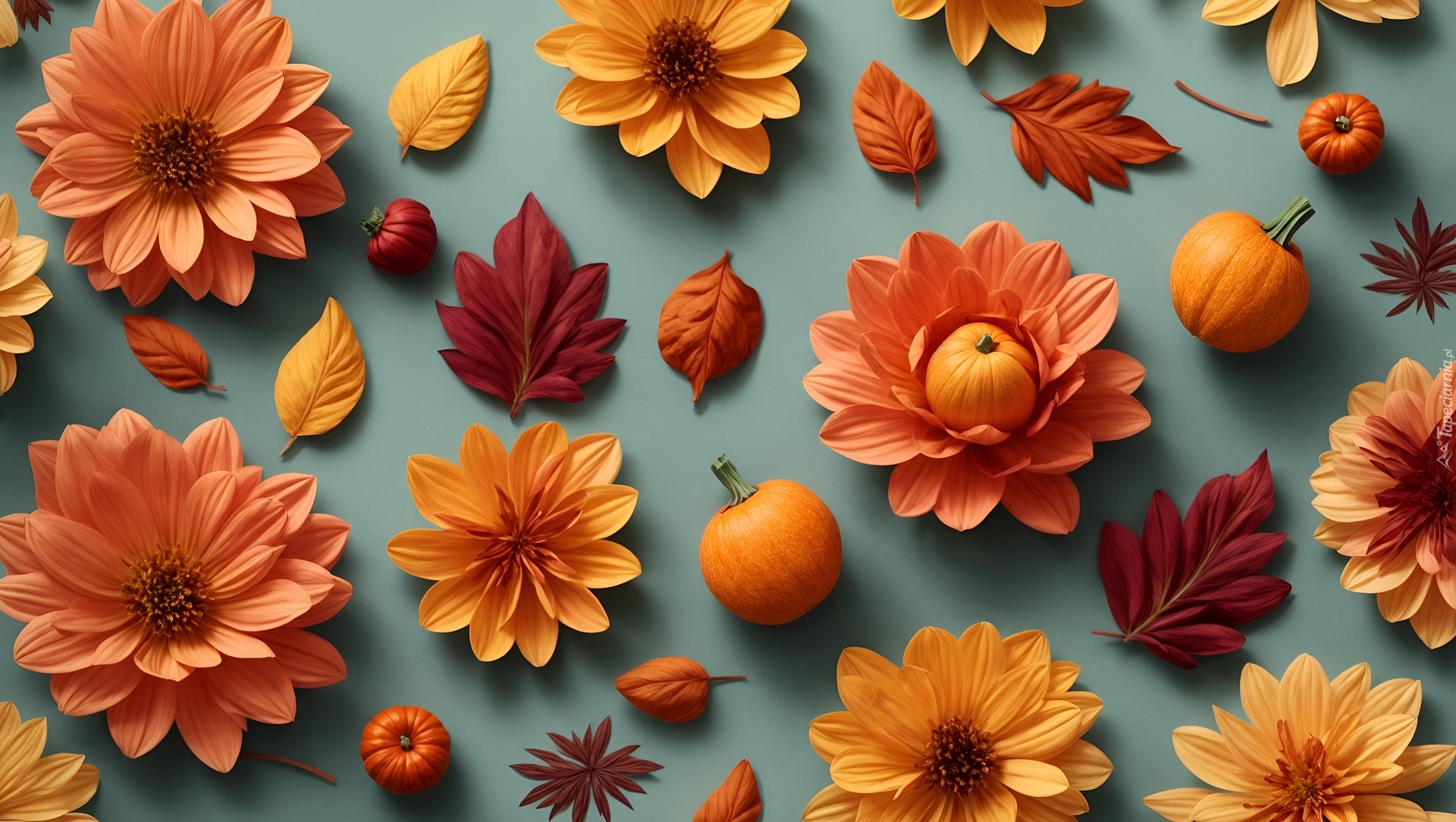Jesień, Kwiaty, Liście, Dynie, 2D