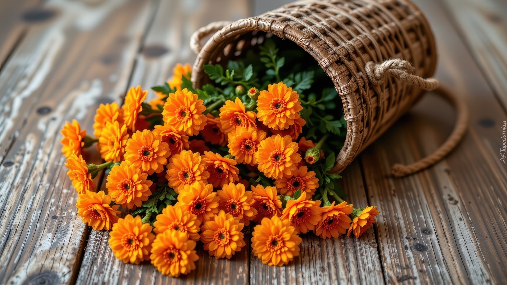 Pomarańczowe, Kwiaty, Leżący, Kosz, Wiklinowy, Deski