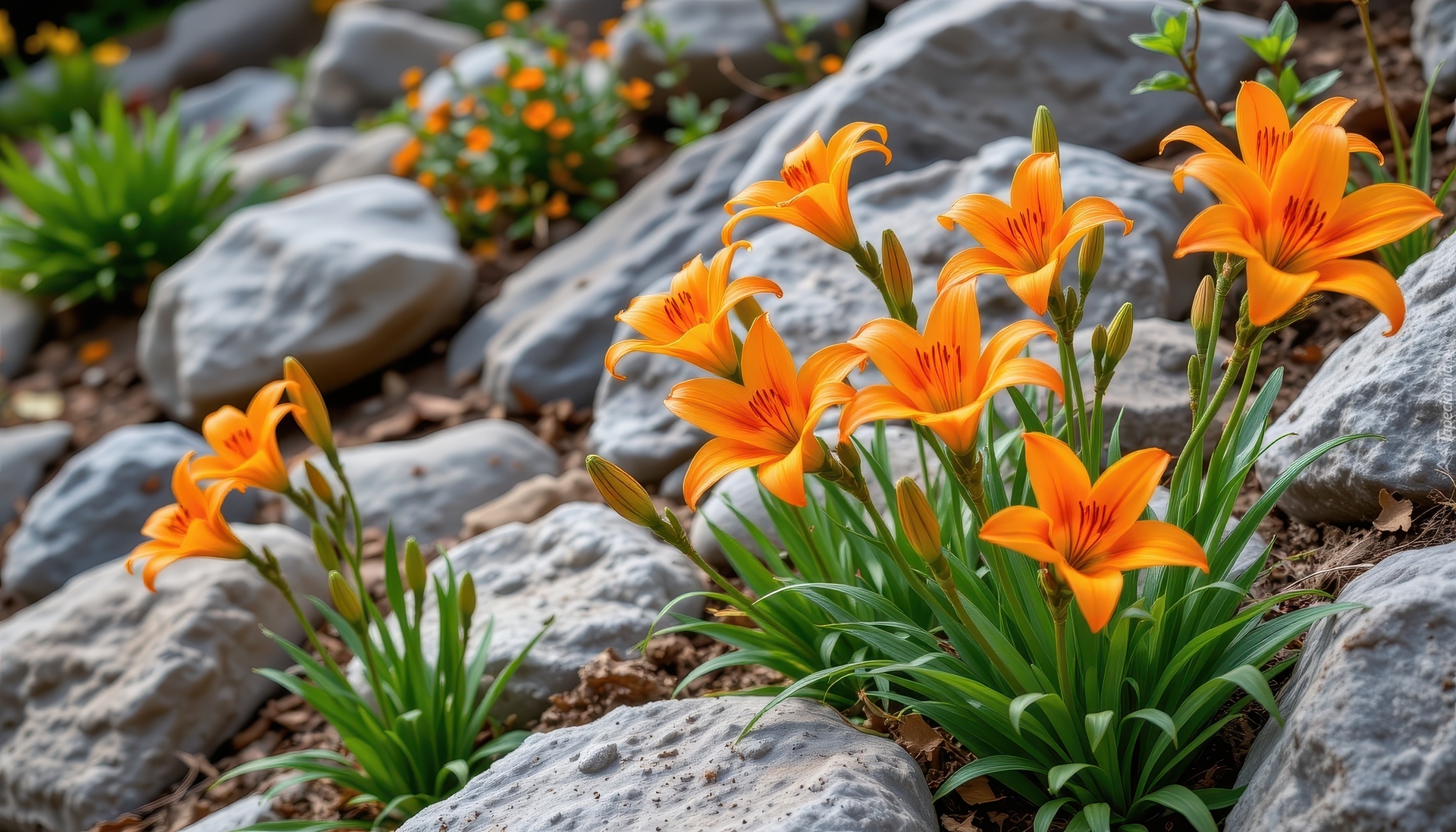 Kwiaty, Pomarańczowe, Lilie, Kamienie, Grafika AI