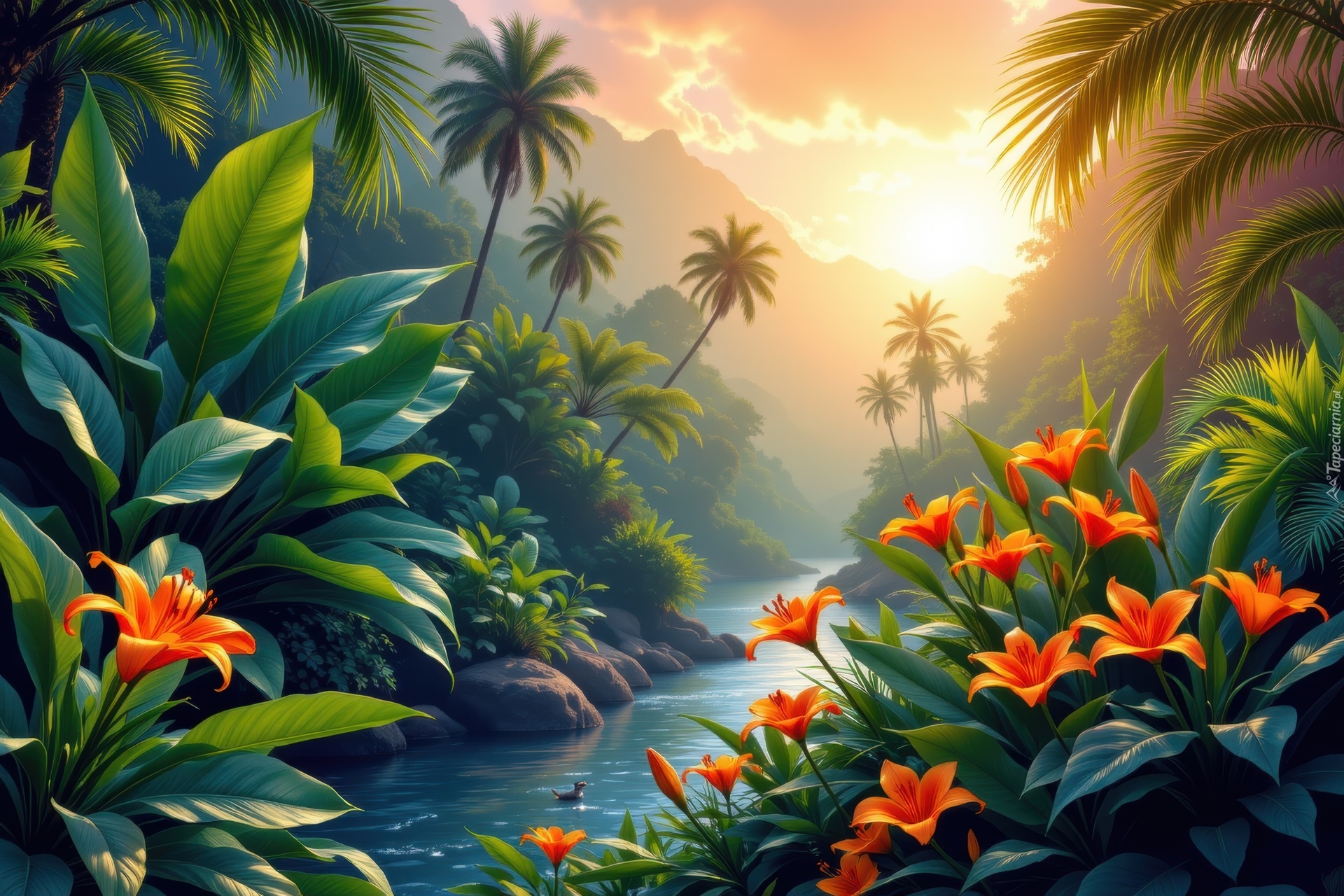 Kwiaty, Lilie, Drzewa, Palmy, Liście, Rzeka, Kamienie, Niebo