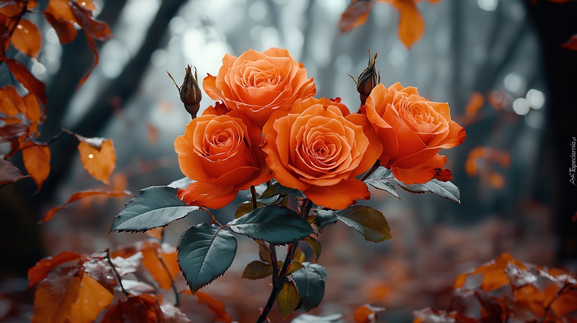 Pomarańczowe, Róże, Liście