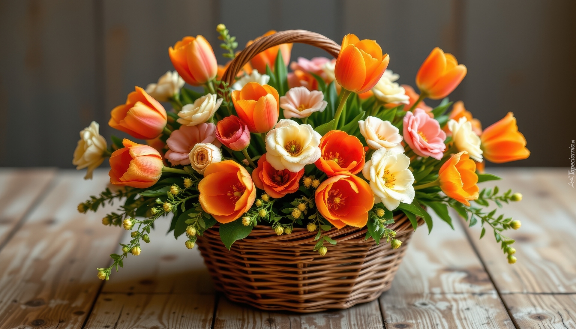 Kwiaty, Kamelie, Tulipany, Koszyk, Deski