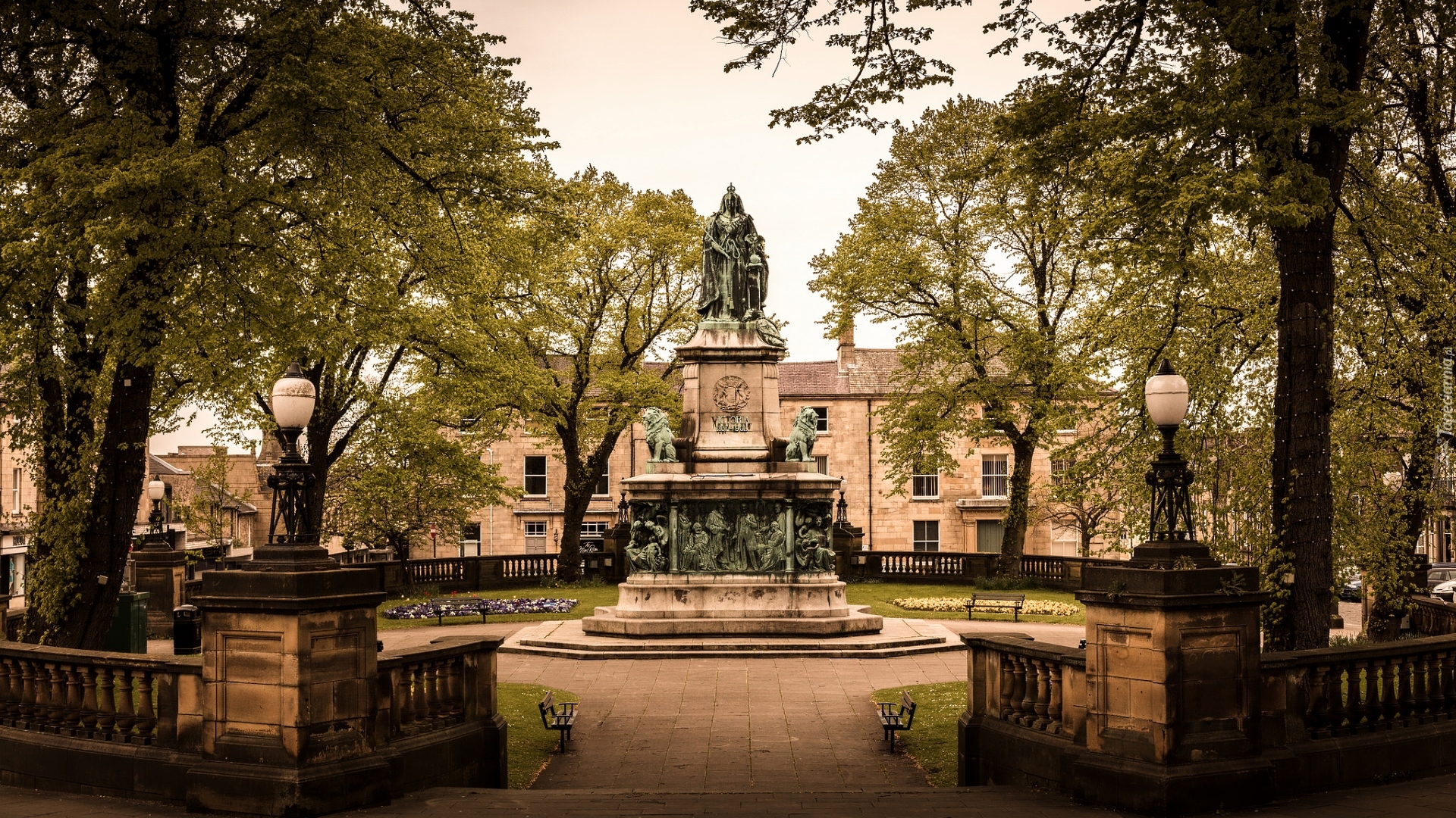 Pomnik, Królowej Wiktorii, Park, Drzewa, Lancaster, Anglia