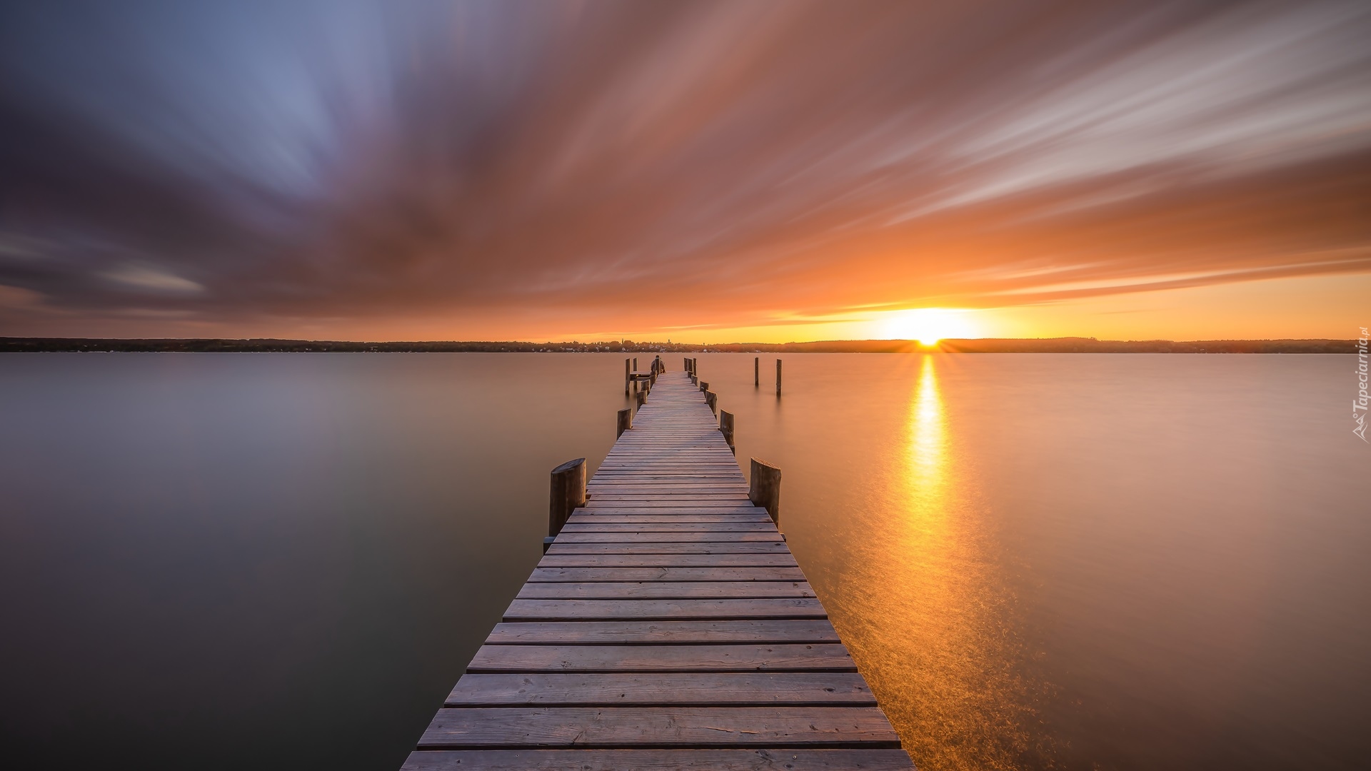 Jezioro Ammersee, Pomost, Zachód słońca, Bawaria, Niemcy