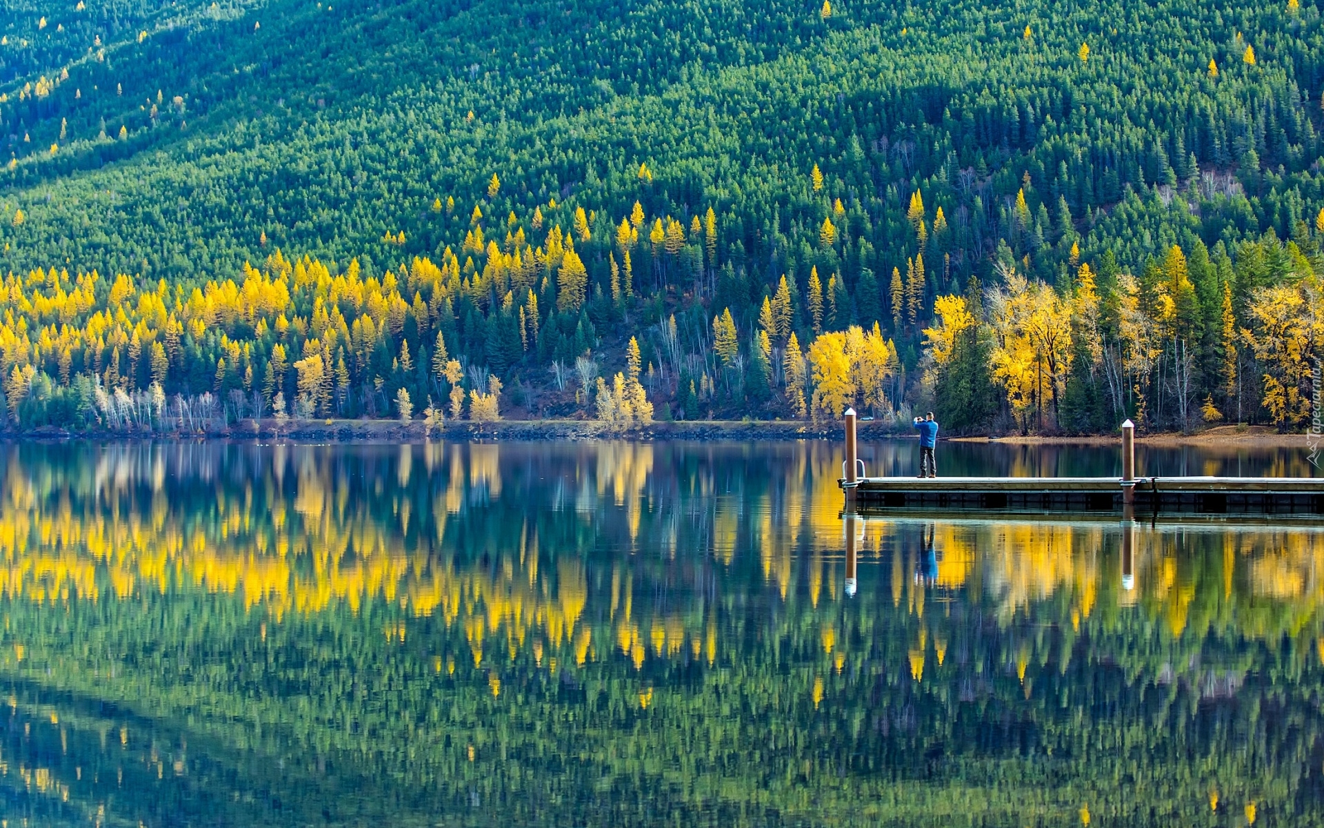 Stany Zjednoczone, Montana, Park Narodowy Glacier, Jezioro, Lake McDonald, Pomost, Mężczyzna, Góry, Lasy