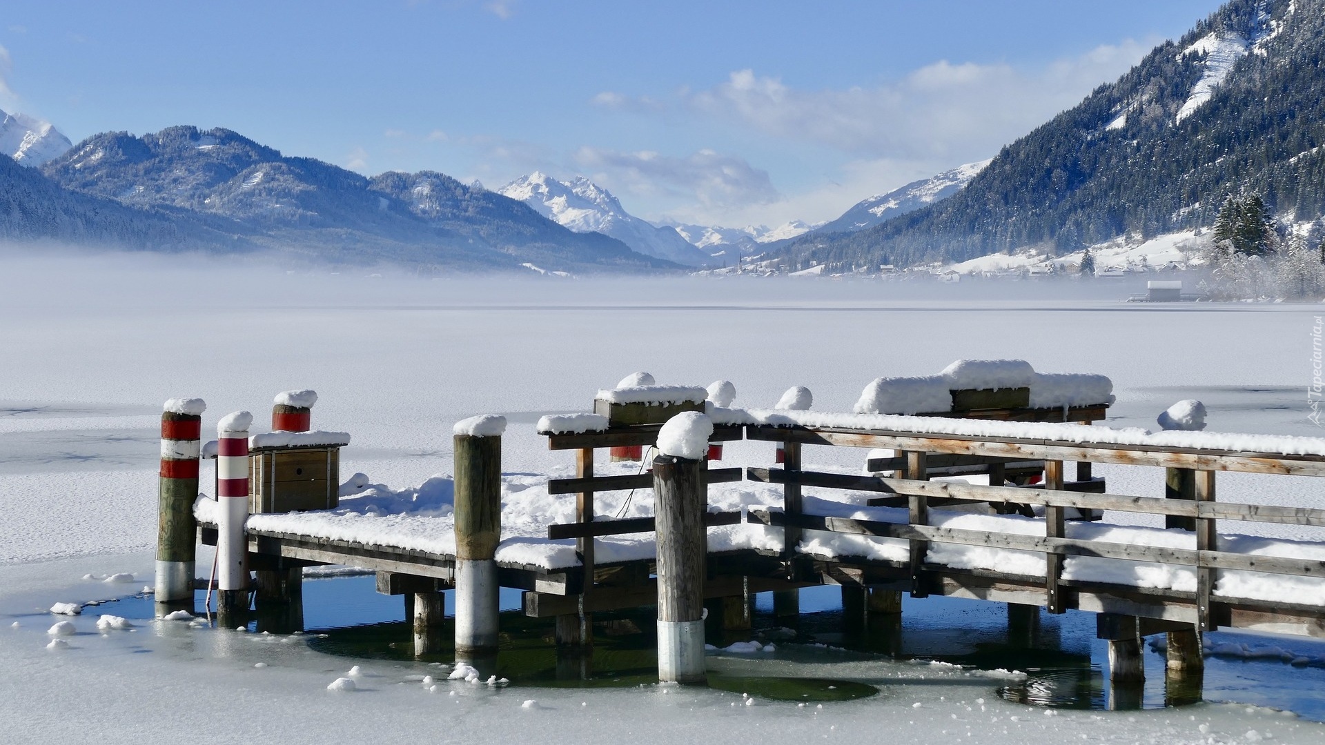 Austria, Karyntia, Alpy Gailtalskie, Jezioro Weißensee, Zima, Pomost, Góry