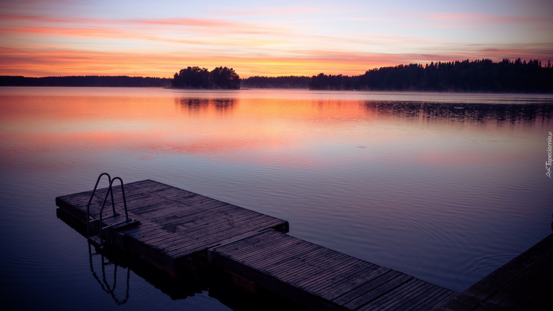 Jezioro, Zachód Słońca, Pomost