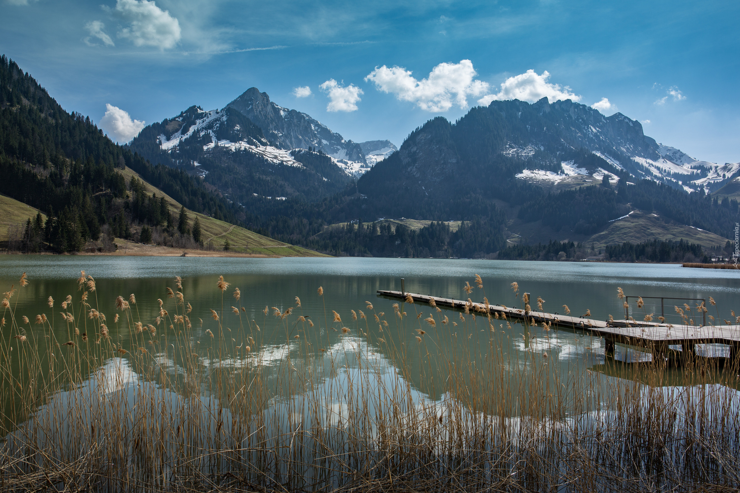 Szwajcaria, Kanton Fryburg, Góry, Alpy, Jezioro Schwarzsee, Pomost