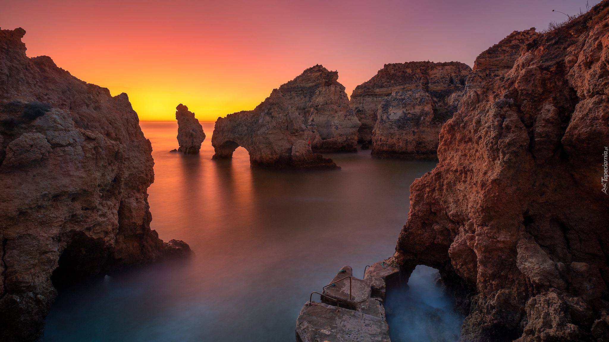 Portugalia, Algarve, Morze, Wybrzeże, Skały, Ponta da Piedade, Zachód słońca