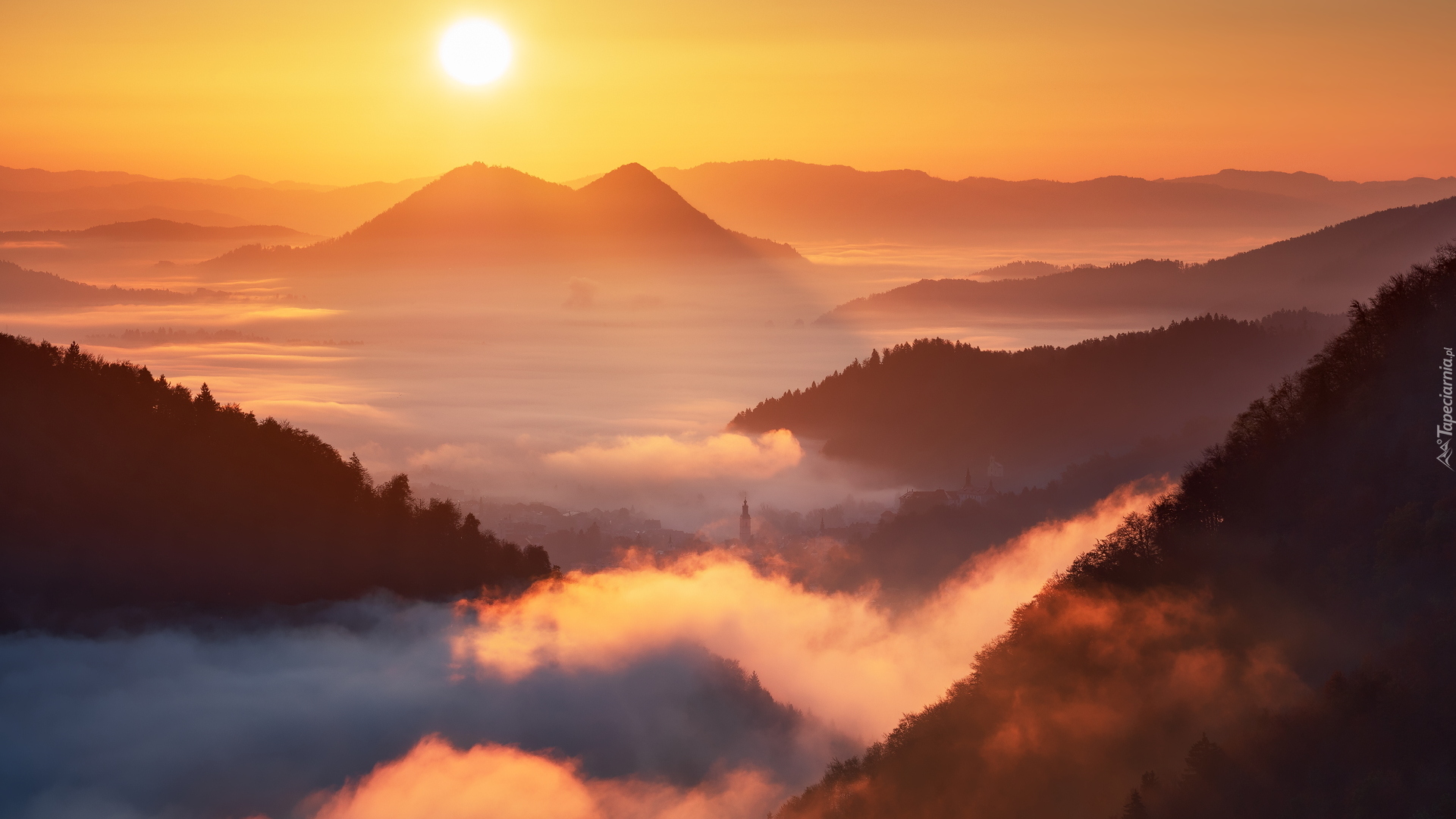 Góry, Dolina, Mgła, Wschód słońca, Kościół, Słowenia