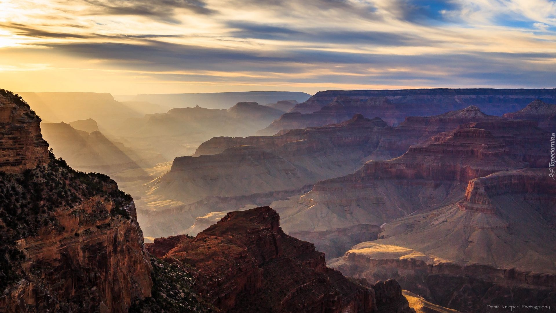 Skały, Góry, Wschód słońca, Park Narodowy Wielkiego Kanionu, Wielki Kanion Kolorado, Grand Canyon, Stany Zjednoczone