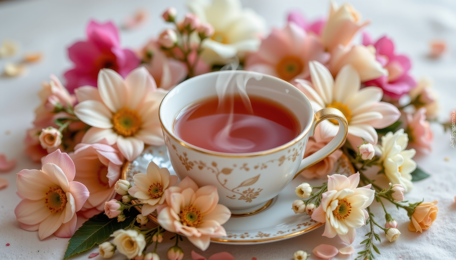 Filiżanka, Herbata, Talerzyk, Kolorowe, Kwiaty