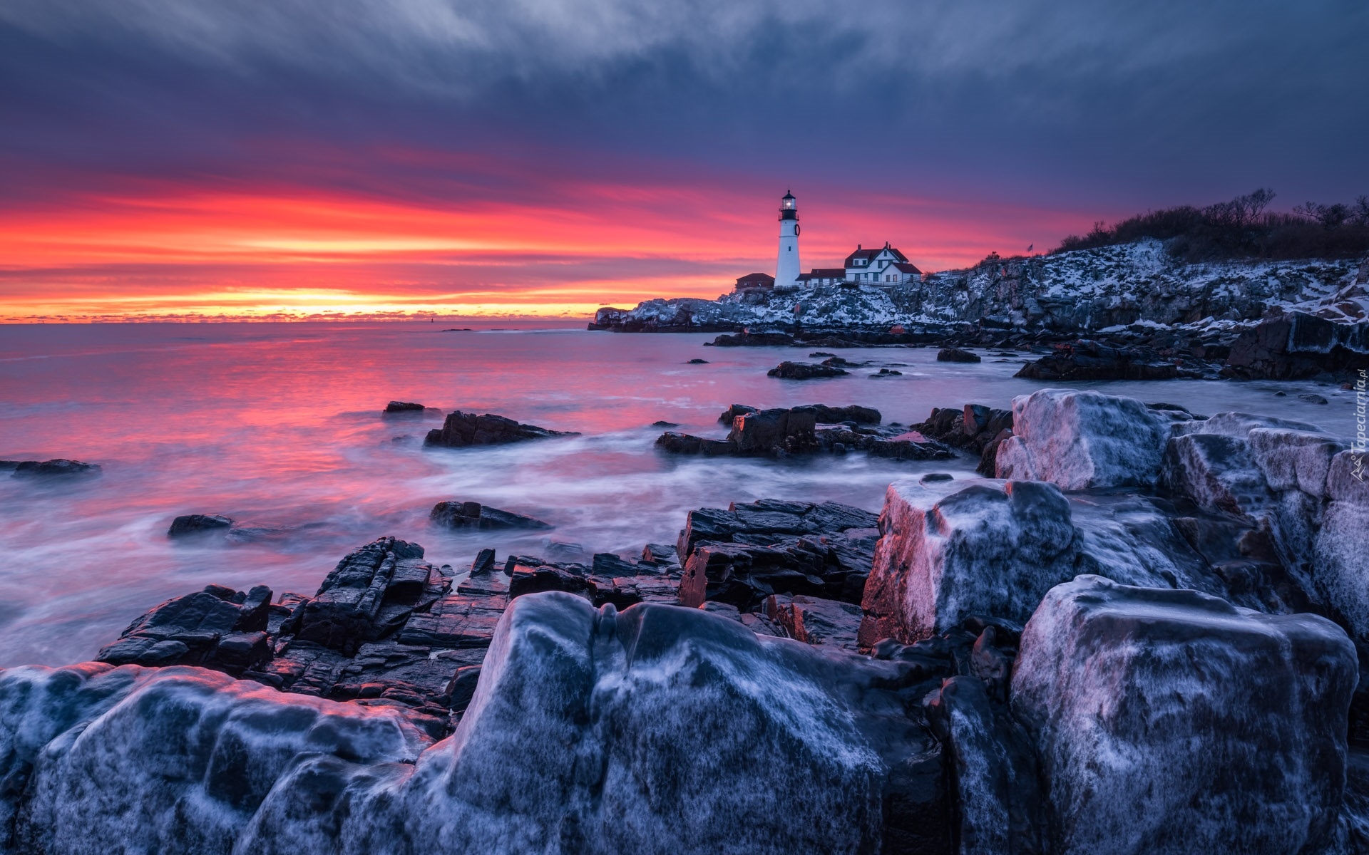 Morze, Latarnia morska, Portland Head Light, Kamienie, Zachód słońca, Cape Elizabeth, Maine, Stany Zjednoczone