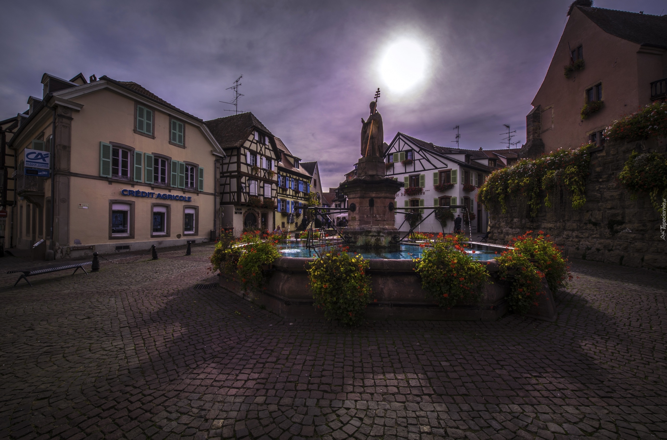 Francja, Eguisheim, Domy, Fontanna, Posąg świętego Leona