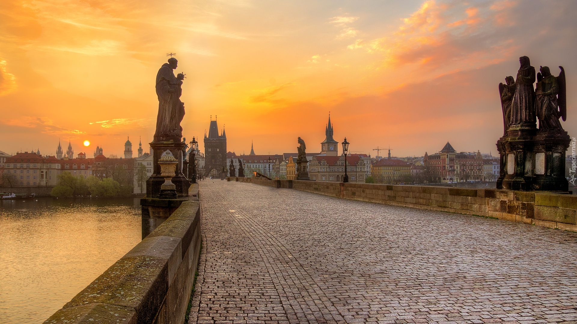 Most Karola, Posągi, Figury, Wschód słońca, Praga, Czechy