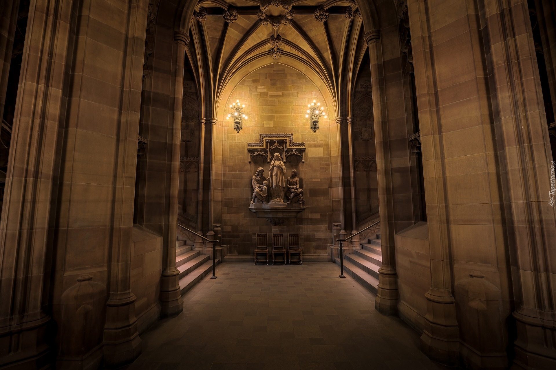 Wnętrze, Posągi, Architektura, Korytarz, Biblioteka John Rylands Library, Manchester, Anglia