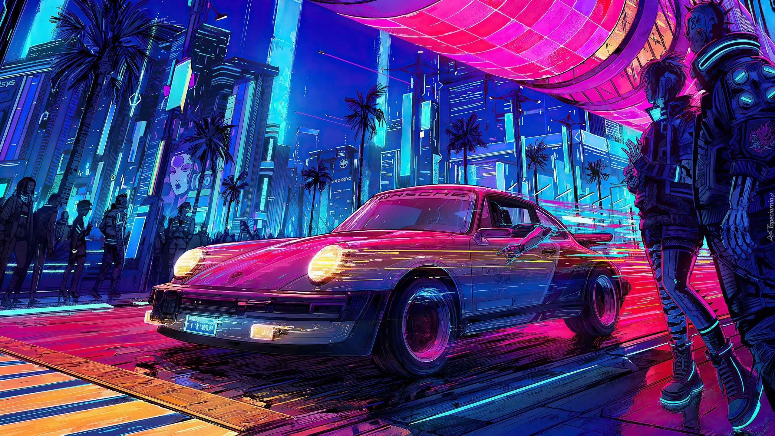 Gra, Cyberpunk 2077, Porsche, Ludzie, Ulica, Neony