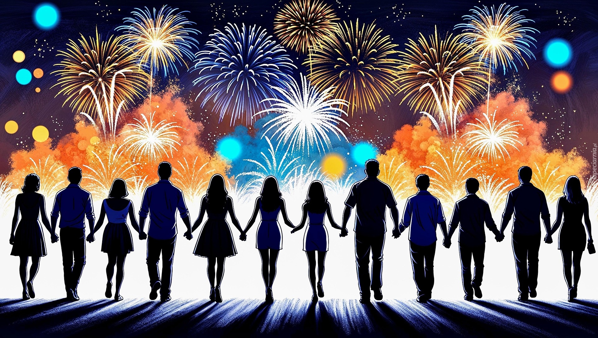 Powitanie, Nowy Rok, Fajerwerki, Postacie