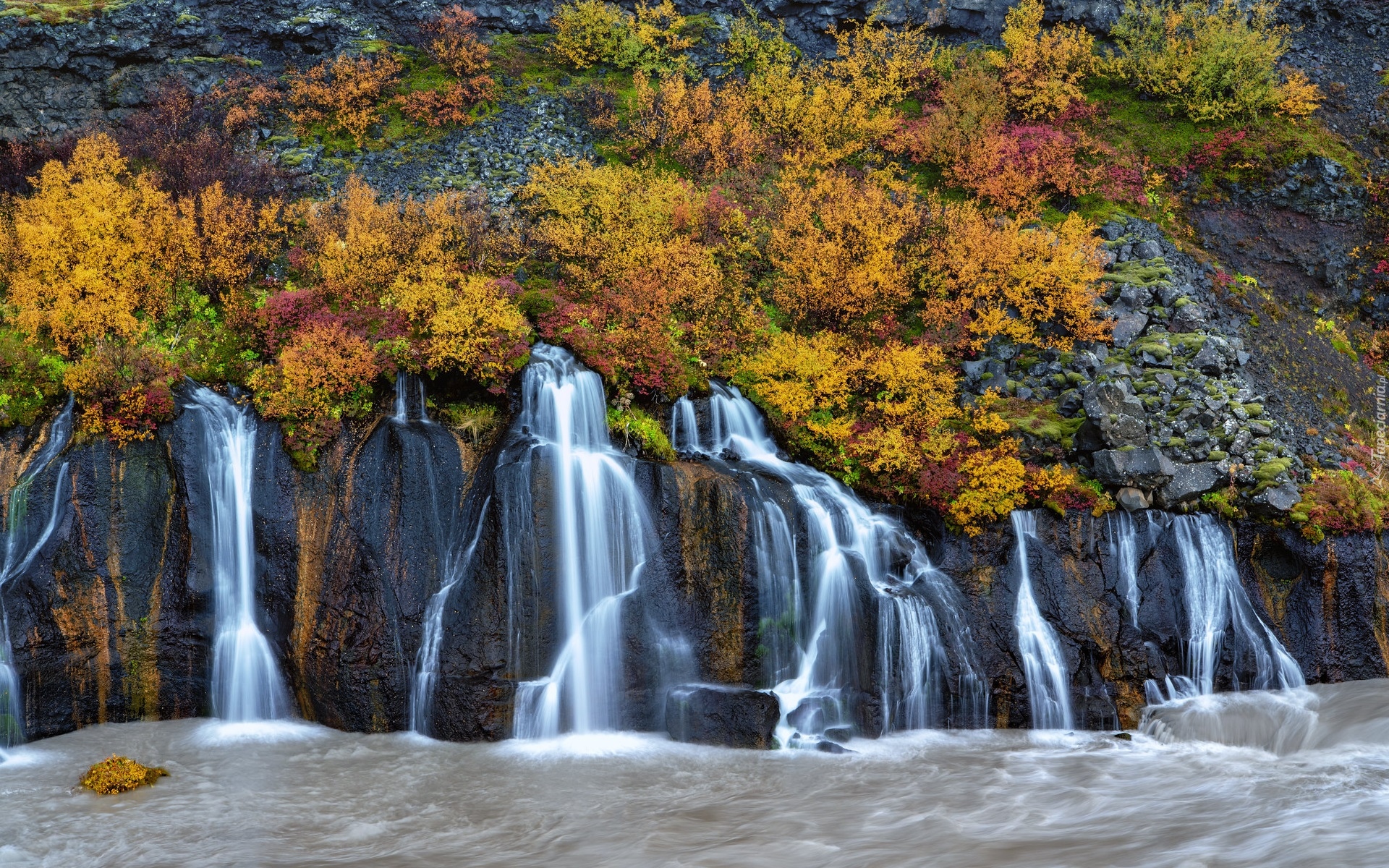 Jesień, Skały, Wodospad Hraunfossar, Pożółkła, Roślinność, Islandia