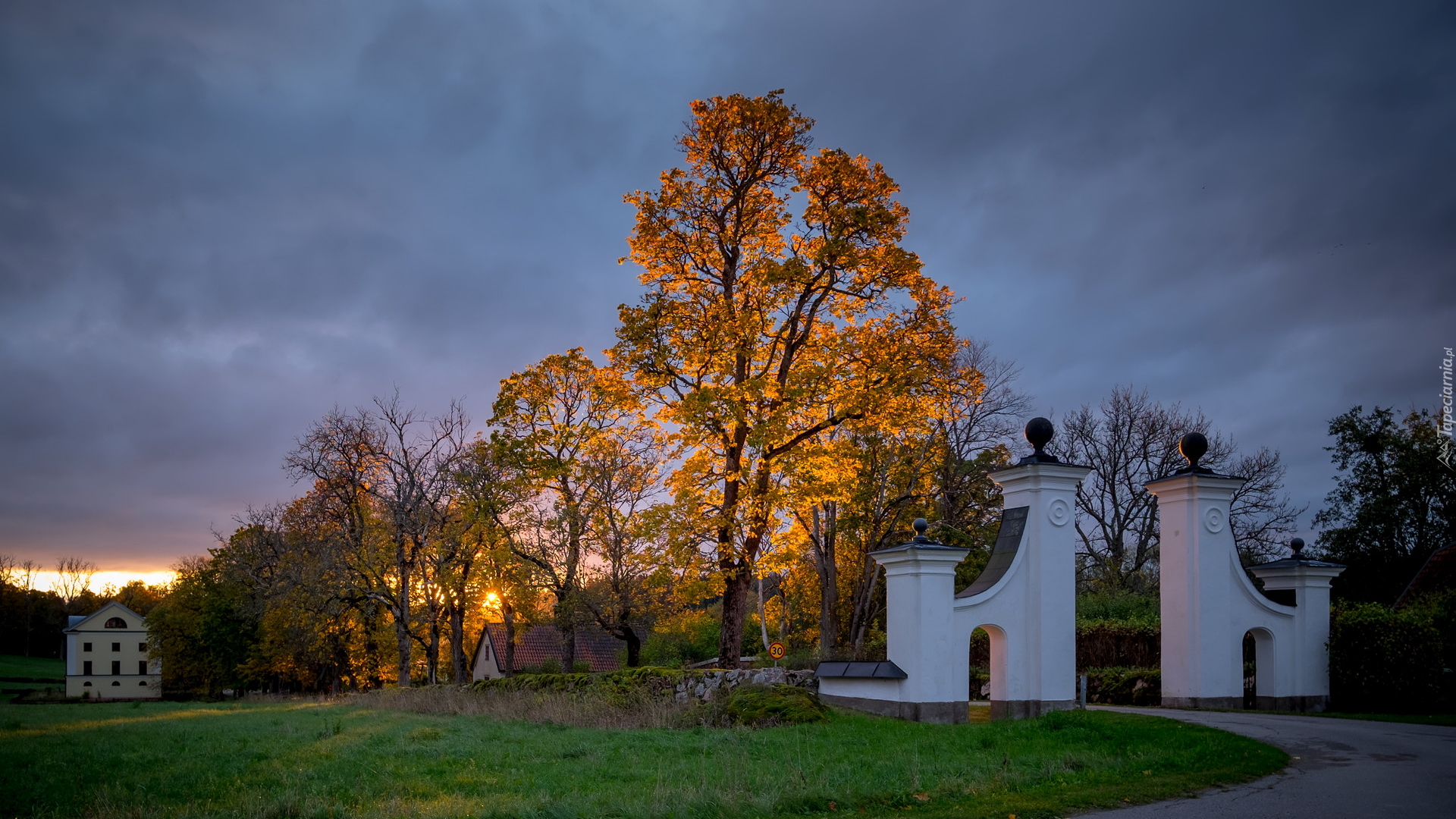 Pożółkłe, Rozświetlone, Drzewa, Jesień, Brama, Dom