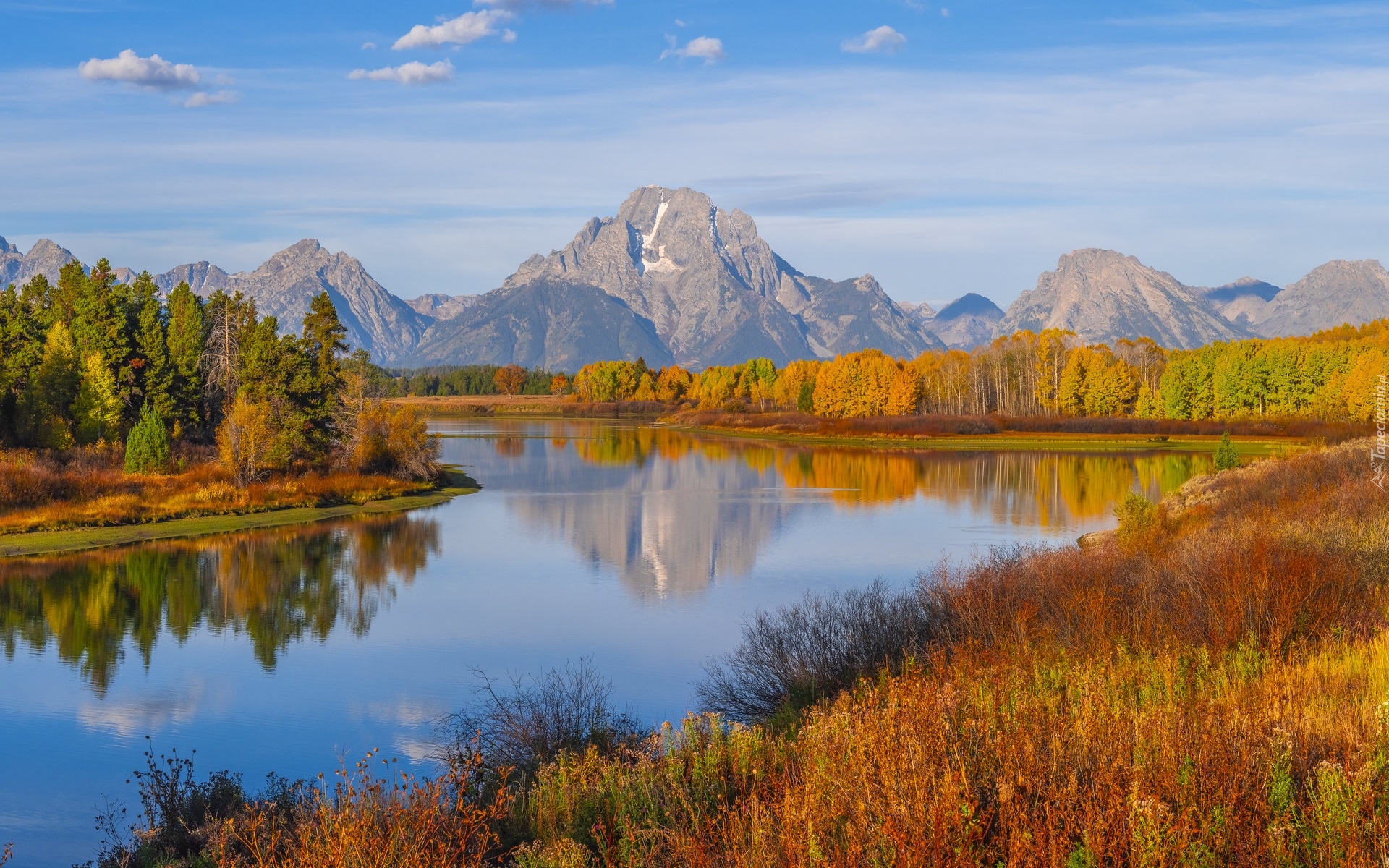 Park Narodowy Grand Teton, Góry, Teton Range, Las, Drzewa, Krzewy, Jesień, Rzeka Snake River, Stan Wyoming, Stany Zjednoczone